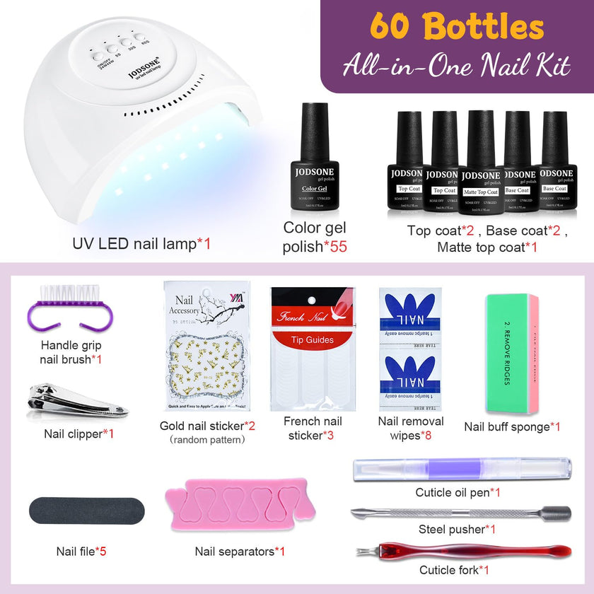 JODSONE 60 PCS Gel Nail Polish Kit with U V Light Base and Matte Glossy Top Coat Nail Gel Polish Soak off Manicure Accessory Tools Suitable for All Seasons 🍁 All In One Marketplace Canada