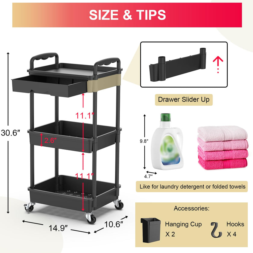 Goovilla 3 Tier Rolling Utility Cart Organizer with Removable Drawer, Stable and Sturdy Black Rolling Storage Carts with 2 Lockable Wheels for Bathroom, Kitchen, Snack, Craft, Makeup, Baby Essentials 🍁 All In One Marketplace Canada