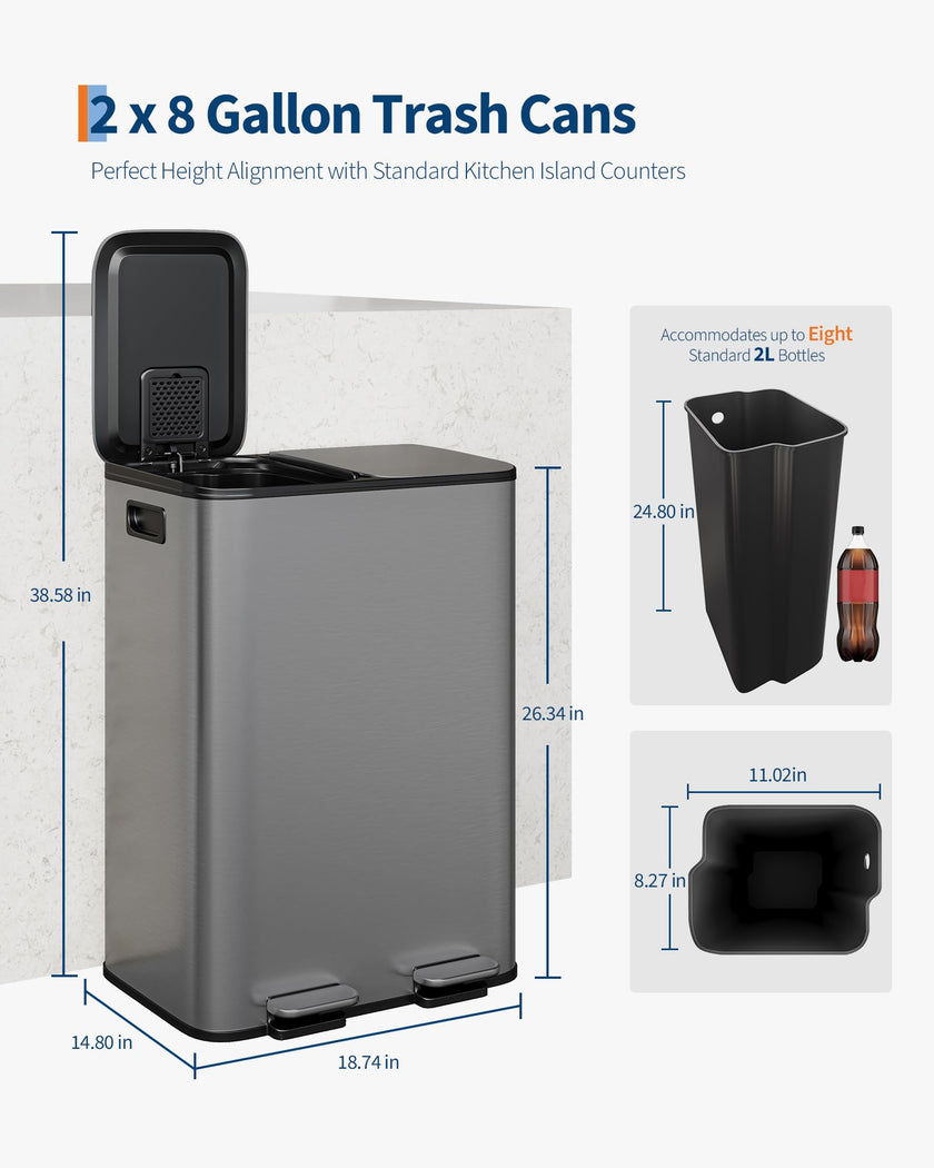 GarveeHome 2 x 8 Gallon Stainless Steel Double Trash Can with Lid for Kitchen, Large Dual Trash and Recycle Bin Combo, Step-on Kitchen Metal Garbage Cans, PP Inner Buckets, Liner Rim, Matte Grey 🍁 All In One Marketplace Canada