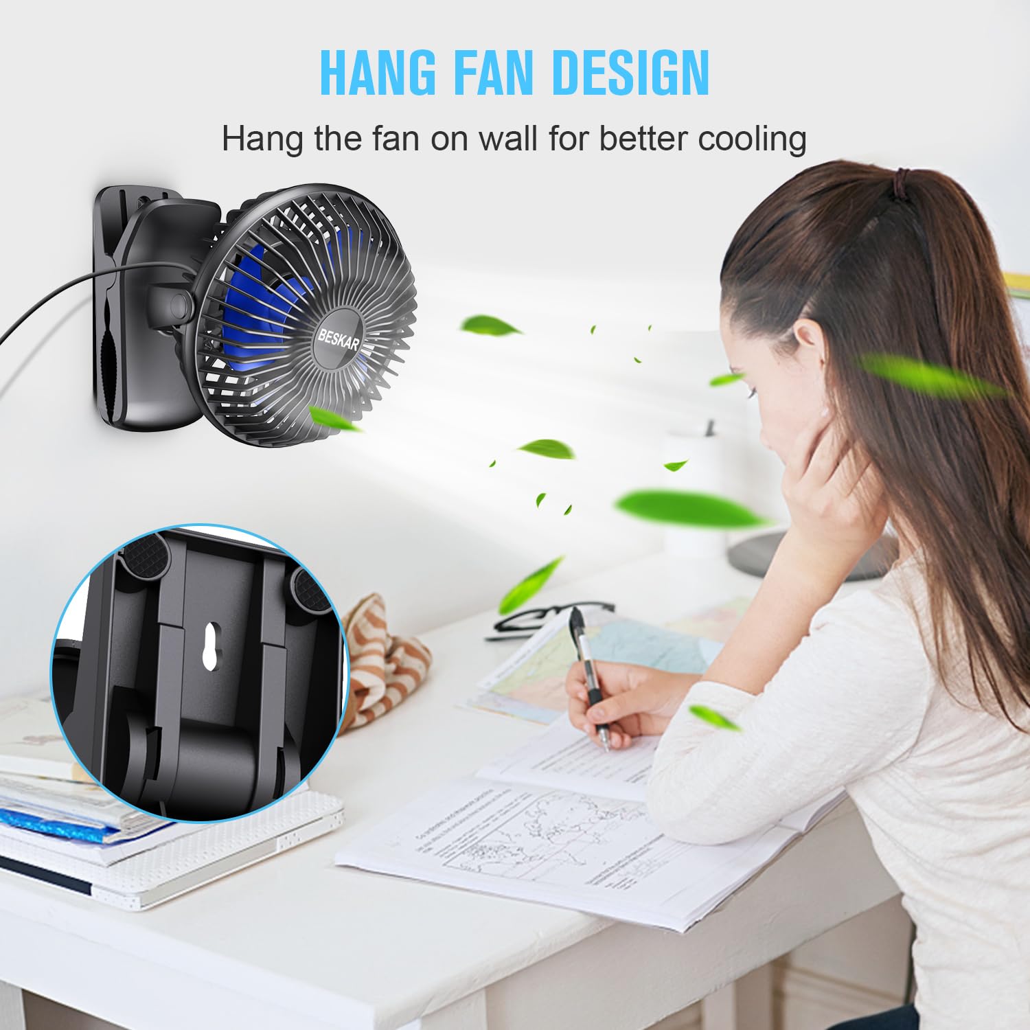 BESKAR USB Powered Clip on Fan, Portable Small Fan with Cord, 3 Speeds Strong Airflow, Personal Fan with Sturdy Clamp, Quiet Desk Fan & Clip Fan 🍁 All In One Marketplace Canada