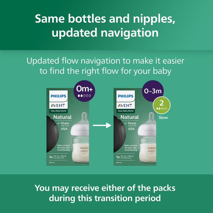 Philips Avent Natural Glass Baby Bottles with Natural Response Nipples (Slow Flow, Flow 2), 4oz, 3-pack, SCY910/03 🍁 All In One Marketplace Canada