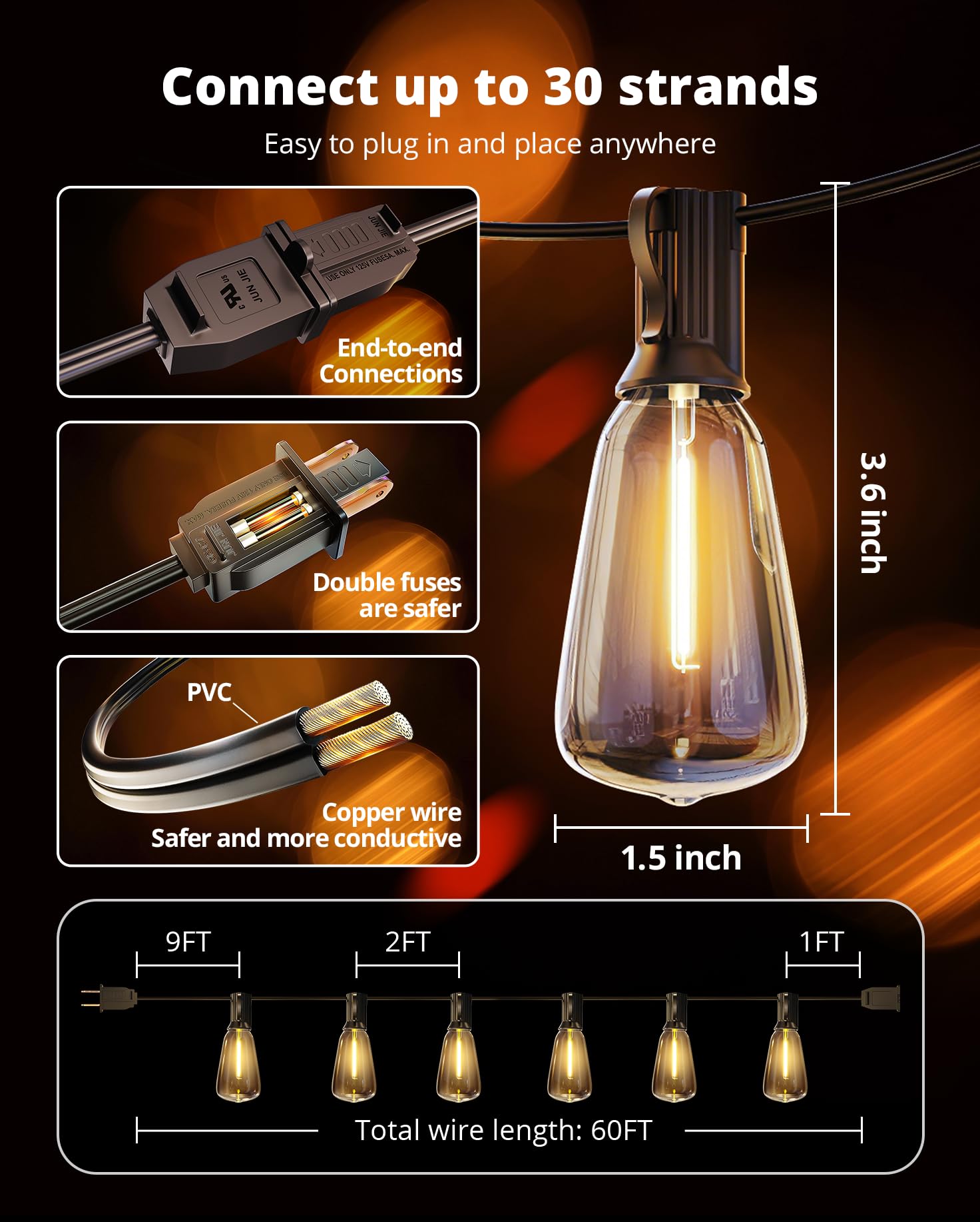 VIPAR Outdoor String Lights 60FT LED Patio Lights Waterproof with 28 Shatterproof ST38 Edison Bulbs Outside Hanging Light Dimmable Connectable for Porch, Deck, Garden, Backyard, Balcony, Decor, 2700K 🍁 All In One Marketplace Canada