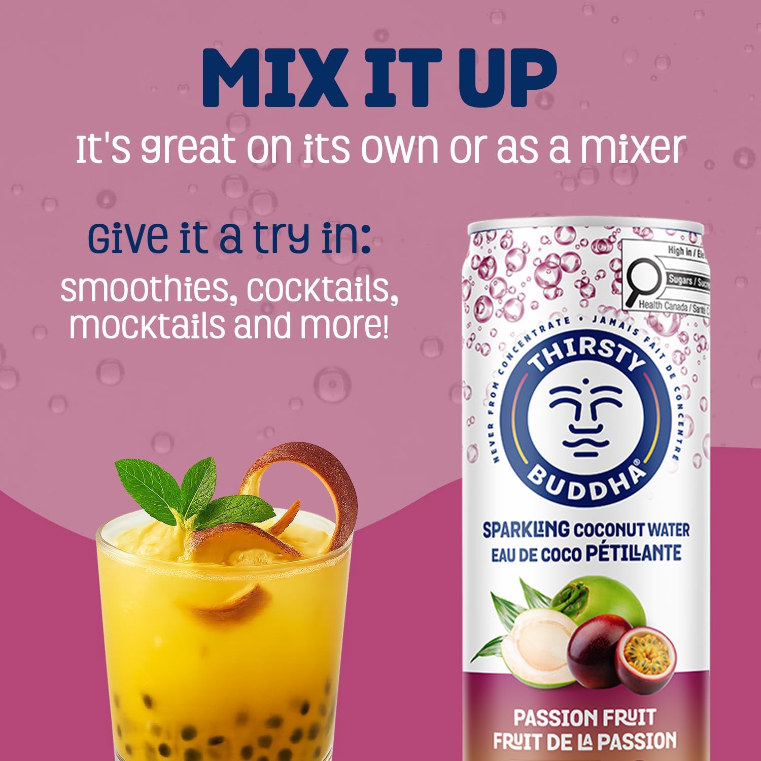 THIRSTY BUDDHA Sparkling Coconut Water with Passion Fruit, No Added Sugar, Pure Coco Drink, Natural Fruit Flavour, Electrolyte & Nutrient-Rich, 12 Pack, (12/330ml) 🍁 All In One Marketplace Canada