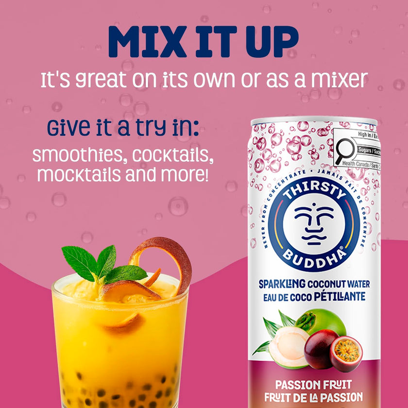 THIRSTY BUDDHA Sparkling Coconut Water with Passion Fruit, No Added Sugar, Pure Coco Drink, Natural Fruit Flavour, Electrolyte & Nutrient-Rich, 12 Pack, (12/330ml) 🍁 All In One Marketplace Canada