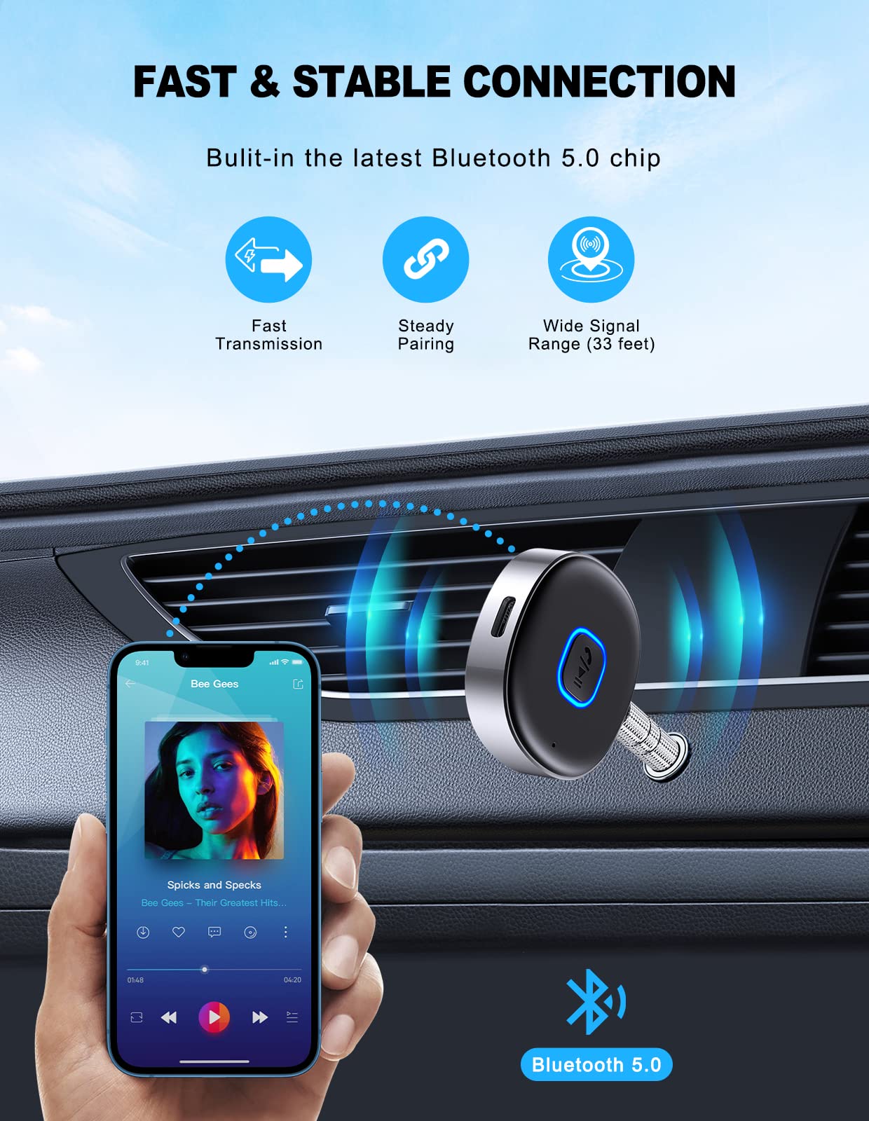WOCBUY Bluetooth Adapter for Car, 3.5mm AUX Bluetooth Receiver for Music Streaming, Bluetooth 5.0 Wireless Audio Receiver for Car/Home Stereo/Wired Headphones/Speaker, Dual Connection, 12H Playtime 🍁 All In One Marketplace Canada