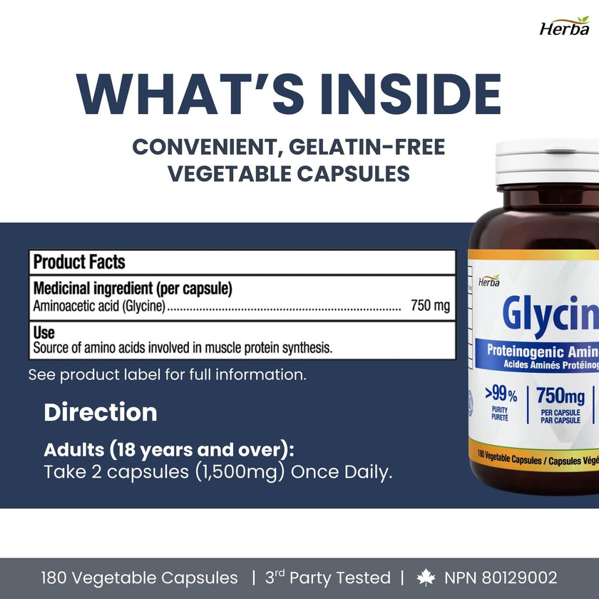 Herba Glycine Supplement 750mg - 180 Capsules | >99% Ultra Pure Glycine Capsules | Free-form Proteinogenic Amino Acids Supplements | Made in Canada 🍁 All In One Marketplace Canada