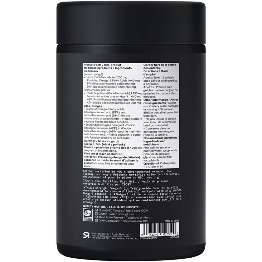 Sports Research® Triple Strength Omega 3 Fish Oil - Burpless Supplement w/EPA & DHA Fatty Acids from Wild Alaskan Pollock - Supports Cognitive Health & Brain Function for Men & Women - 1250mg, 180ct 🍁 All In One Marketplace Canada