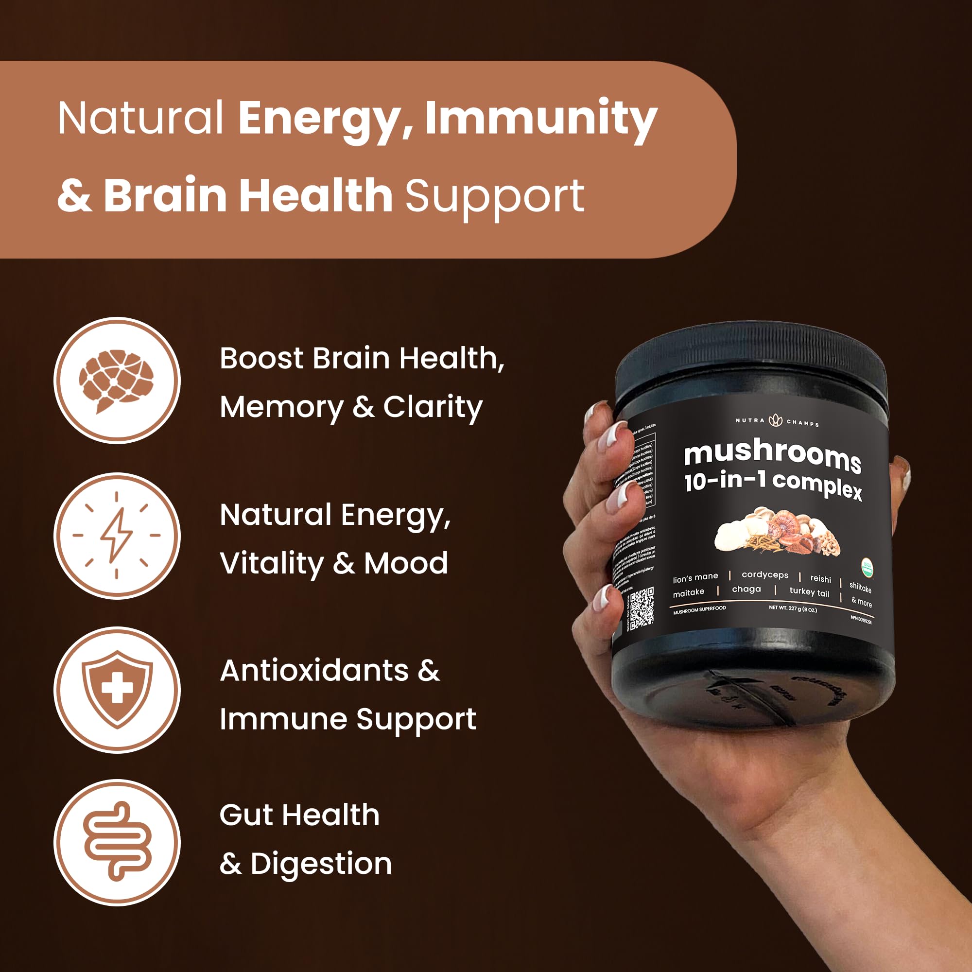 Organic Mushroom Powder - 10-in-1 Complex - Mushroom Supplement Powder Blend for Memory, Focus & Immune Support - Mushroom Blend For Coffee, Water, Smoothies - 8oz 🍁 All In One Marketplace Canada