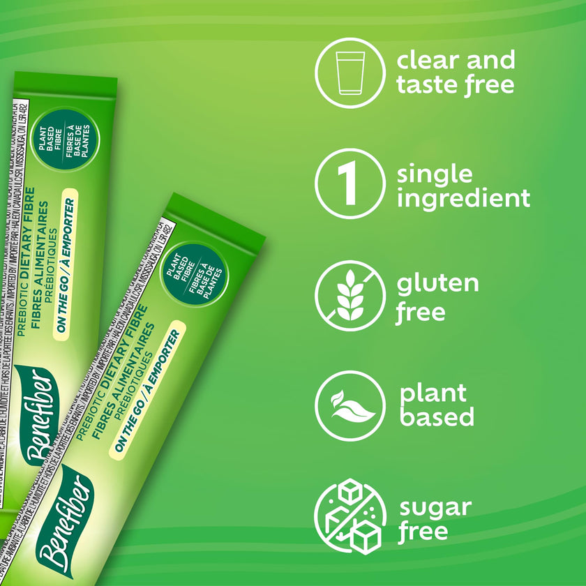 Benefiber Prebiotic Fibre Supplement Powder, Promotes Good Gut Health, Unflavoured & Completely Clear, Dissolves in Drinks & Food, Plant‑Based, Sugar‑Free, Gluten‑Free, Non-GMO, Daily Soluable Fibre Supplement, (28 Stick Packs)