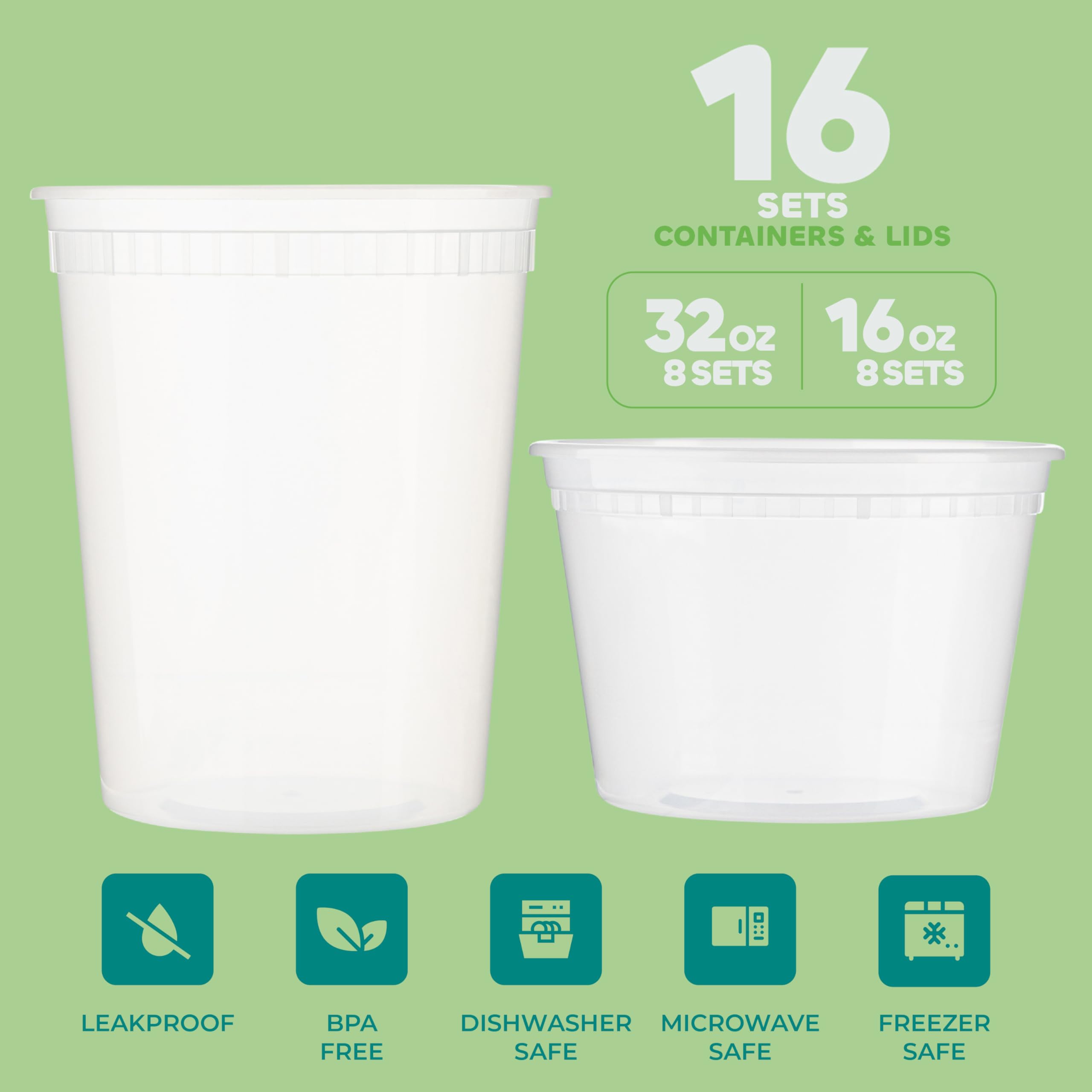 Deli Food Containers with Lids - (16 Sets) 8-32 Oz Quart Size & 8-16 Oz Pint Size Airtight Food Storage Takeout Meal Prep Containers, BPA-Free, Dishwasher, Microwave Safe 🍁 All In One Marketplace Canada