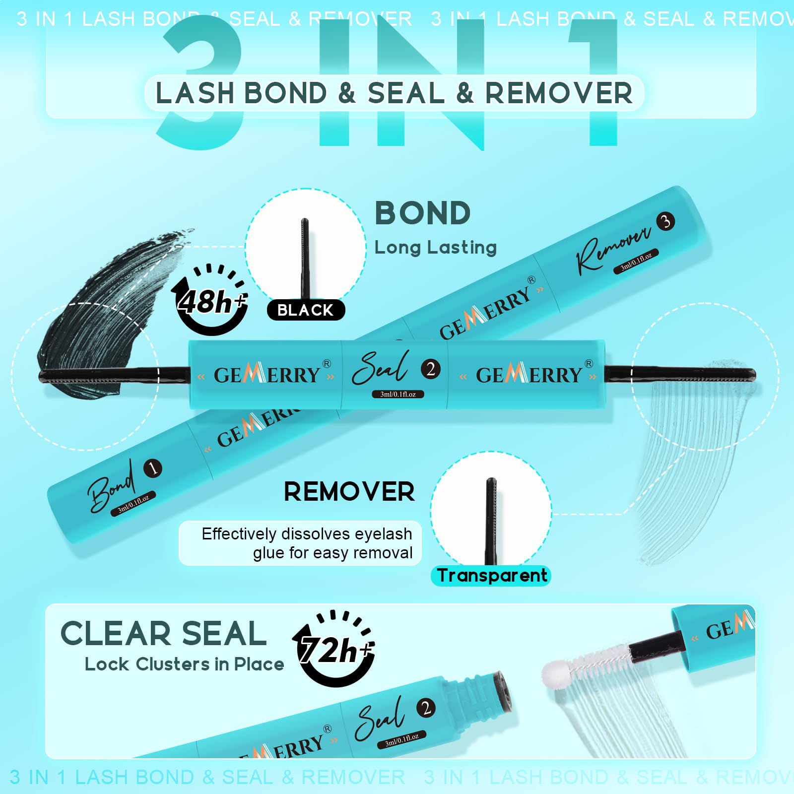 GEMERRY 3-IN-1 Lash Glue Lash Bond and Seal and Remover Clusters Lashes Glue Black Cluster Eyelash Glue Waterproof Long Lasting DIY Eyelash Extension at Home Latex-Free 9ML 🍁 All In One Marketplace Canada