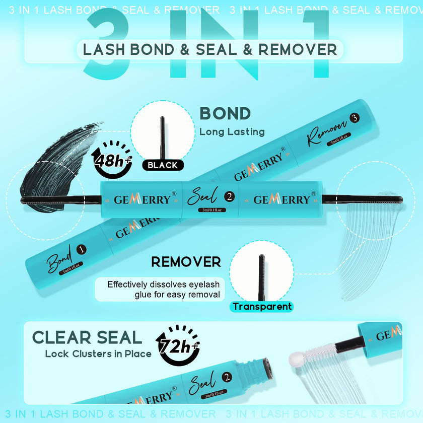 GEMERRY 3-IN-1 Lash Glue Lash Bond and Seal and Remover Clusters Lashes Glue Black Cluster Eyelash Glue Waterproof Long Lasting DIY Eyelash Extension at Home Latex-Free 9ML 🍁 All In One Marketplace Canada