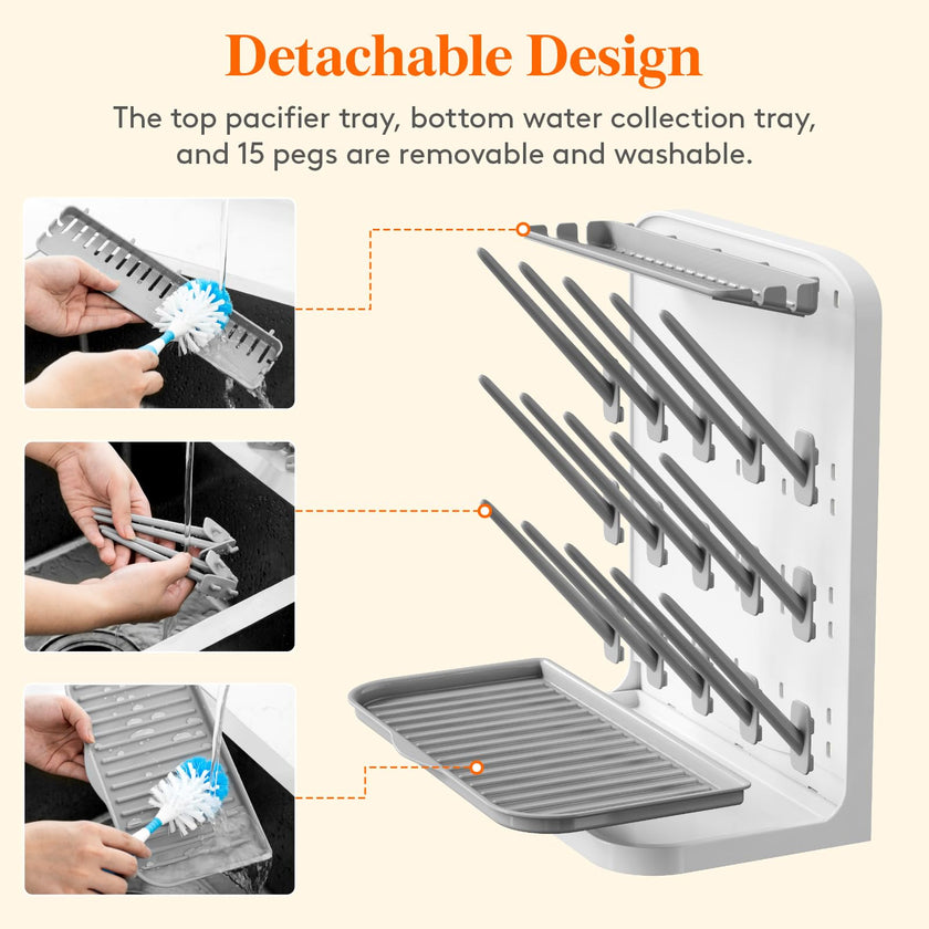 Lifewit Large Baby Bottle Drying Rack for 15 Bottles, Removable Pacifiers Box, Drip Tray, Vertical Rack for Bottle Accessories, Weighted Straws，Pump Parts, BPA-Free, White&Gray, Without Drain Mat 🍁 All In One Marketplace Canada