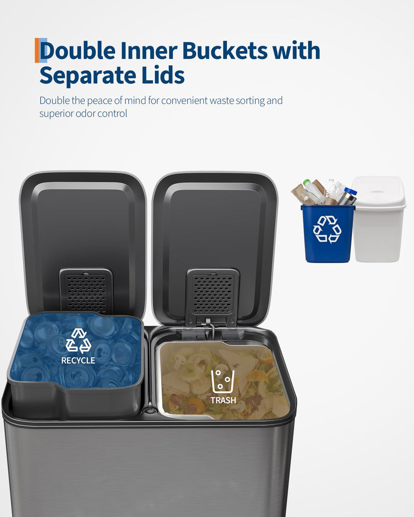 GarveeHome 2 x 8 Gallon Stainless Steel Double Trash Can with Lid for Kitchen, Large Dual Trash and Recycle Bin Combo, Step-on Kitchen Metal Garbage Cans, PP Inner Buckets, Liner Rim, Matte Grey 🍁 All In One Marketplace Canada
