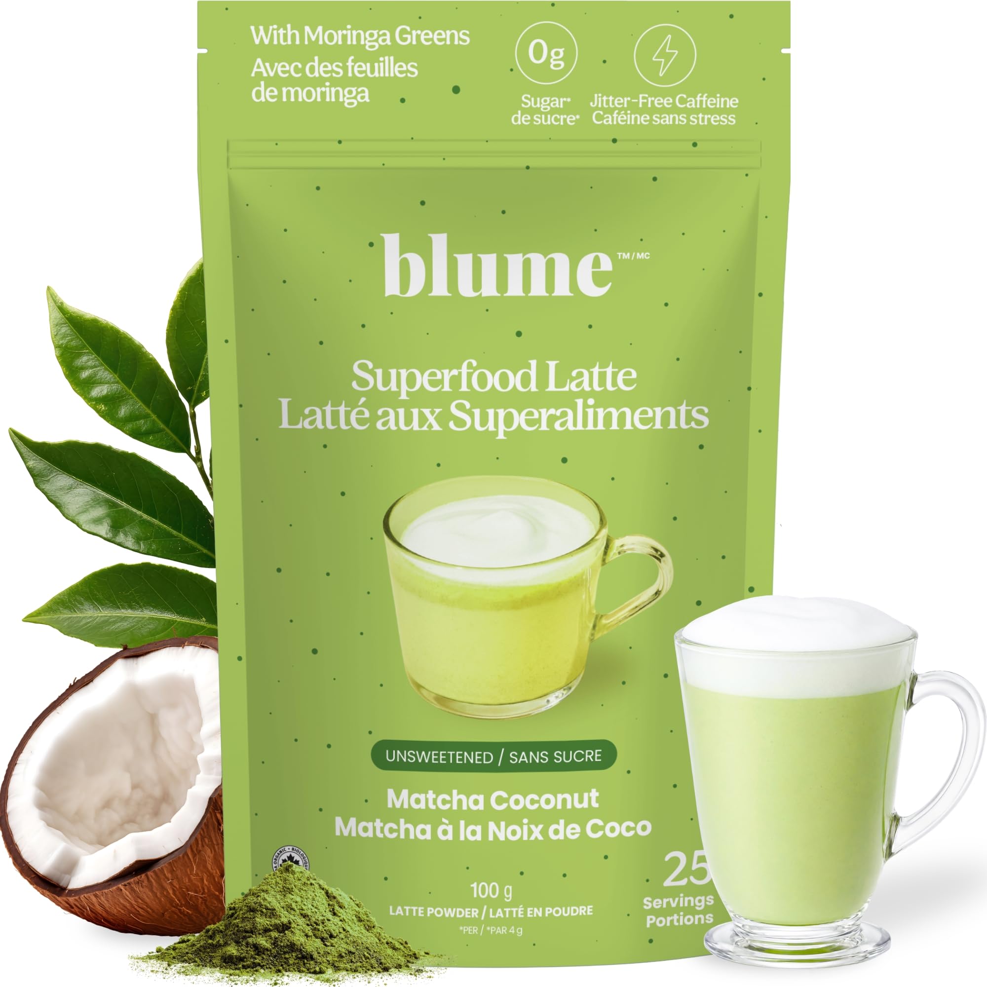 Blume Matcha Coconut Superfood Latte – Organic Matcha Green Tea from Shizuoka Japan, Moringa Leaf & Coconut Milk Latte Mix, Caffeine & L-Theanine for Energy & Focus, Zero Sugar, Vegan - 25 Servings 🍁 All In One Marketplace Canada