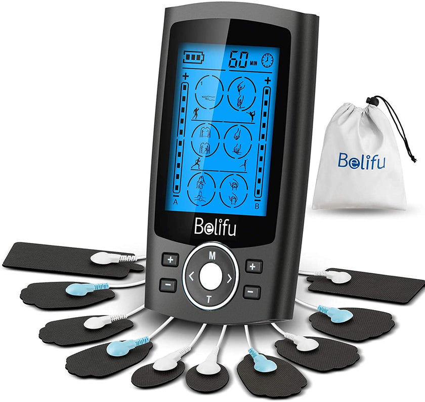 Belifu Dual Channel TENS EMS Unit 24 Modes Muscle Stimulator for Pain Relief Therapy, Electronic Pulse Massager Muscle Massager with 10 Pads, Dust-Proof Drawstring Storage Bag，Fastening Cable Ties 🍁 All In One Marketplace Canada