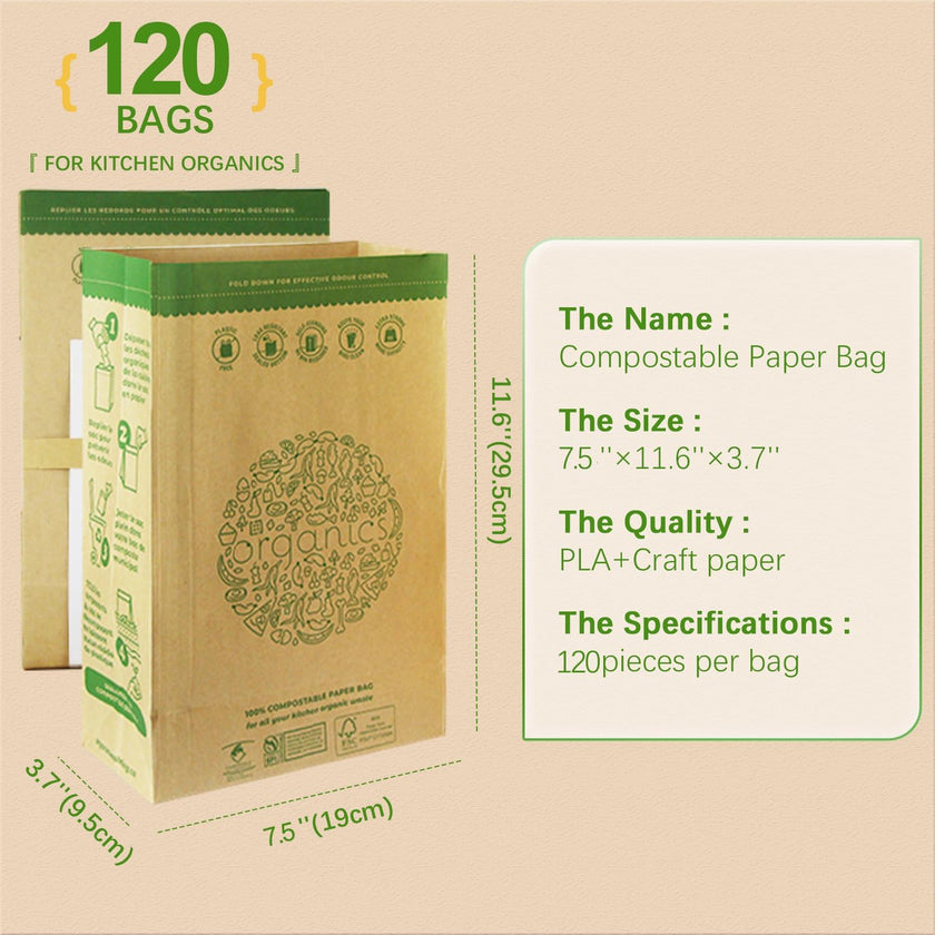 Hytrend-Kitchen Food Waste Bag-120 Bags -%100 Compostable paper Bag - Leak Resistant Liner - Plastic Free - Small-Certified by BNQ and BPI 🍁 All In One Marketplace Canada