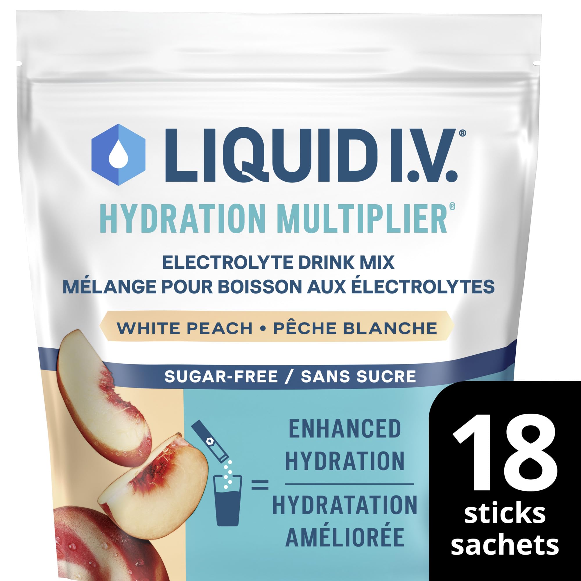 Liquid IV Sugar-Free Electrolyte Drink Mix for enhanced hydration, White Peach with Vitamins B3, B5, B12 and C 60g (18 sticks) 🍁 All In One Marketplace Canada