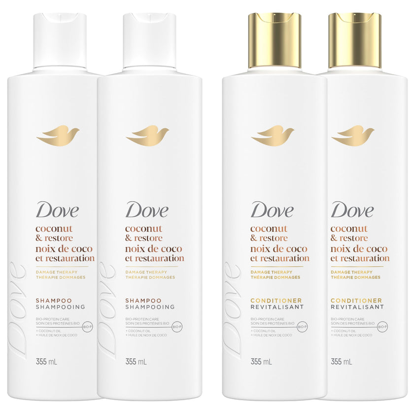 Dove Coconut Restore Shampoo & Conditioner for Damaged Hair, with Liquid Bio-Protein Care, 355 ML (2 Shampoo + 2 Conditioner) 🍁 All In One Marketplace Canada