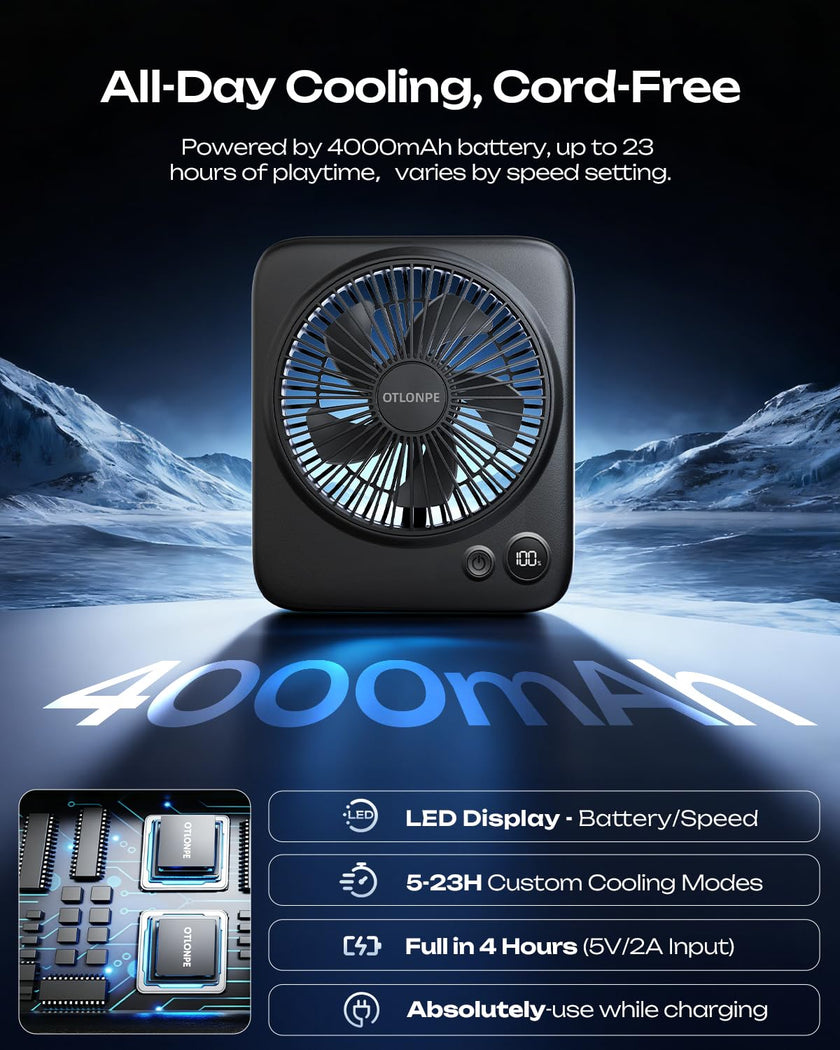 Otlonpe Personal Rechargeable Desk Fan Portable, 4000mAh 5-22 Hrs, Small Quiet Battery Powered Portable Fans for Bedroom Travel Office Home Table, Led Display, Cordless, 4-Speed, 6.5 Inch (Black) 🍁 All In One Marketplace Canada