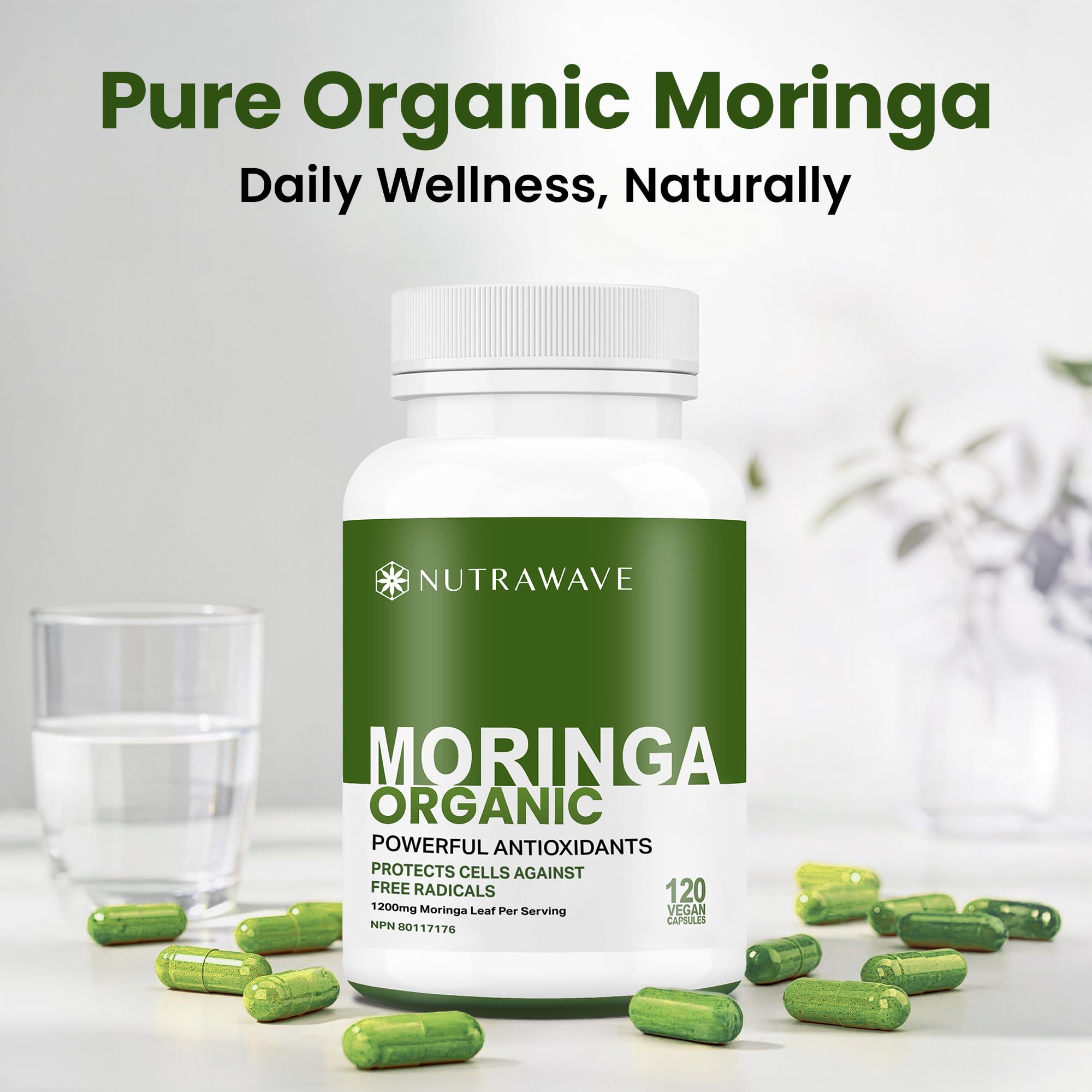 Nutrawave ORGANIC MORINGA LEAF Capsules 1200mg High Potency (2 x 600mg) – Gluten Free, Non-GMO, Vegan-Friendly Antioxidant Supplement -120 Capsules 🍁 All In One Marketplace Canada