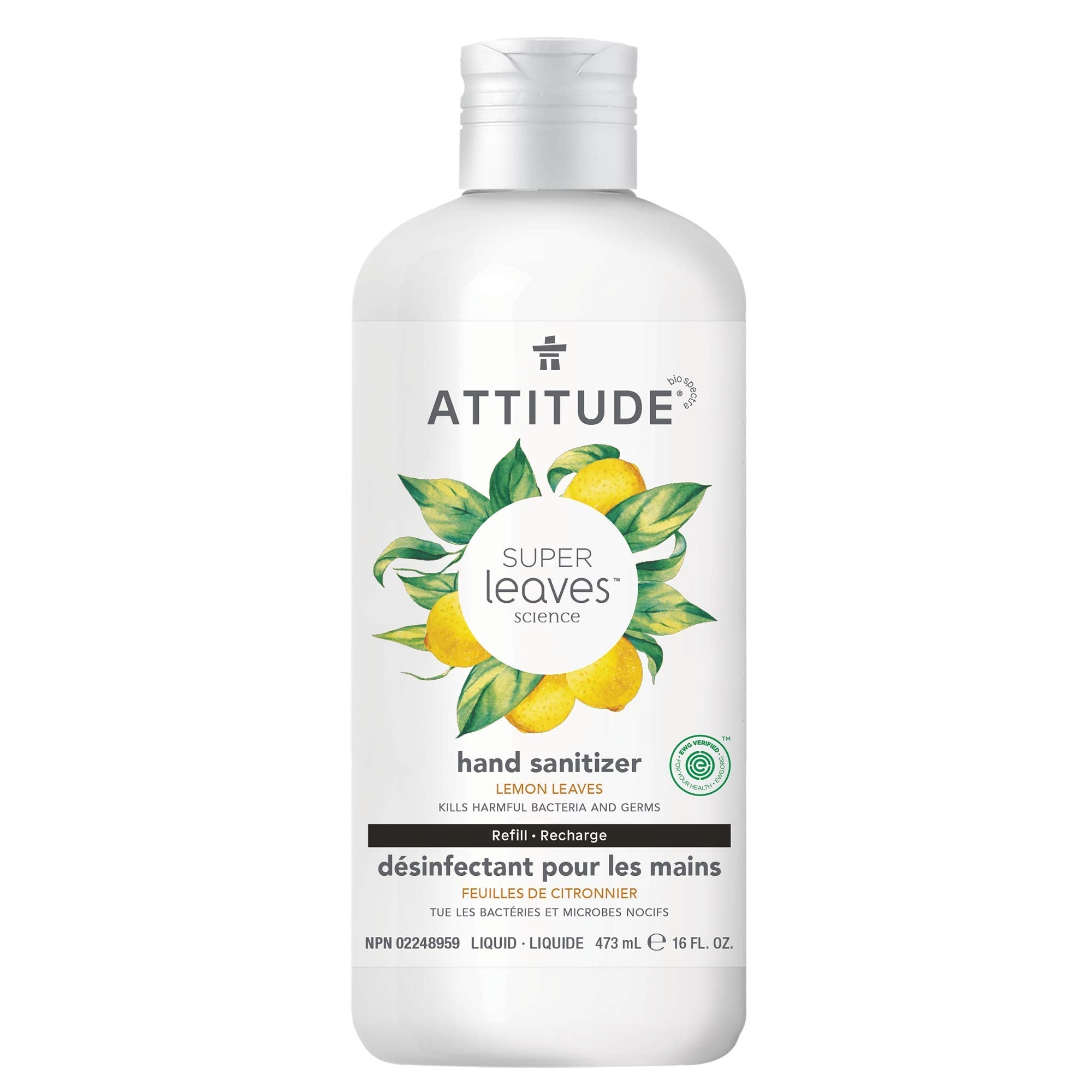 ATTITUDE Hand Sanitizer Refill, EWG Verified, Kills Germs & Bacteria, Vegan & Plant-Based, Safe for Adults & Kids, Lemon Leaves Scent, 473 mL 🍁 All In One Marketplace Canada