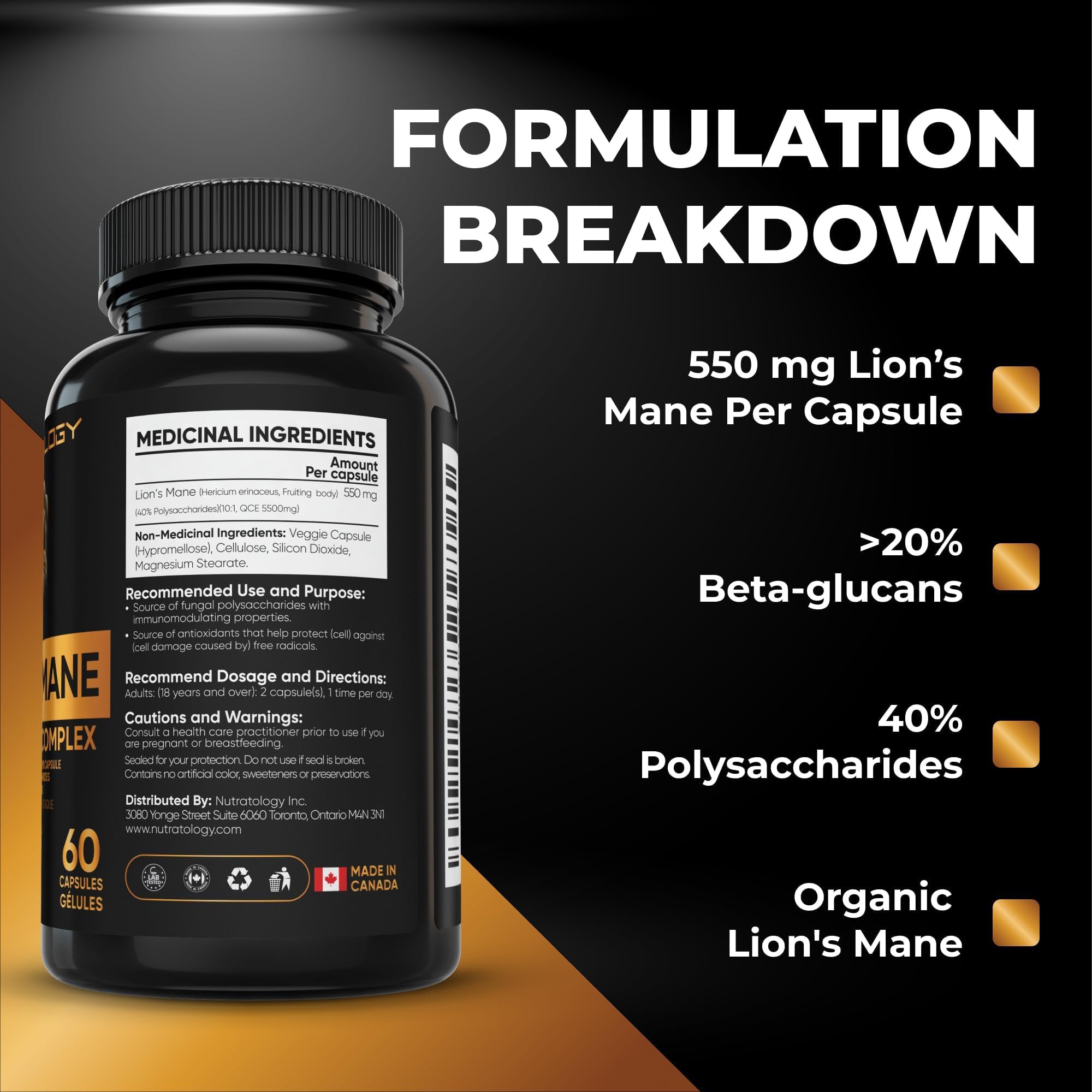 Nutratology® Organic Lion's Mane Mushroom Capasules - Nootropic Functional Mushroom Supplements Made With 40% Polysaccharides & >20% Beta-Glucan | Supports Memory, Cognition & Brain Health - 60 Count 🍁 All In One Marketplace Canada