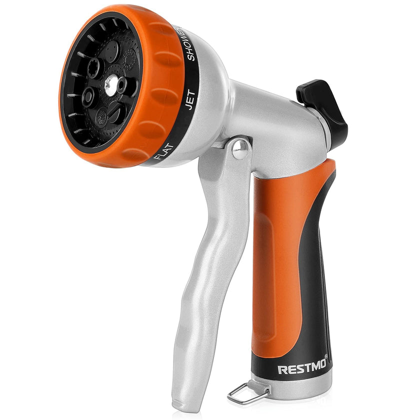 RESTMO Garden Hose Nozzle, Heavy Duty Metal Water Hose Nozzle with 7 Adjustable Spray Patterns, High Pressure Hand Sprayer with Flow Control, Best for Watering Plant & Lawn, Washing Car & Pet, Orange 🍁 All In One Marketplace Canada