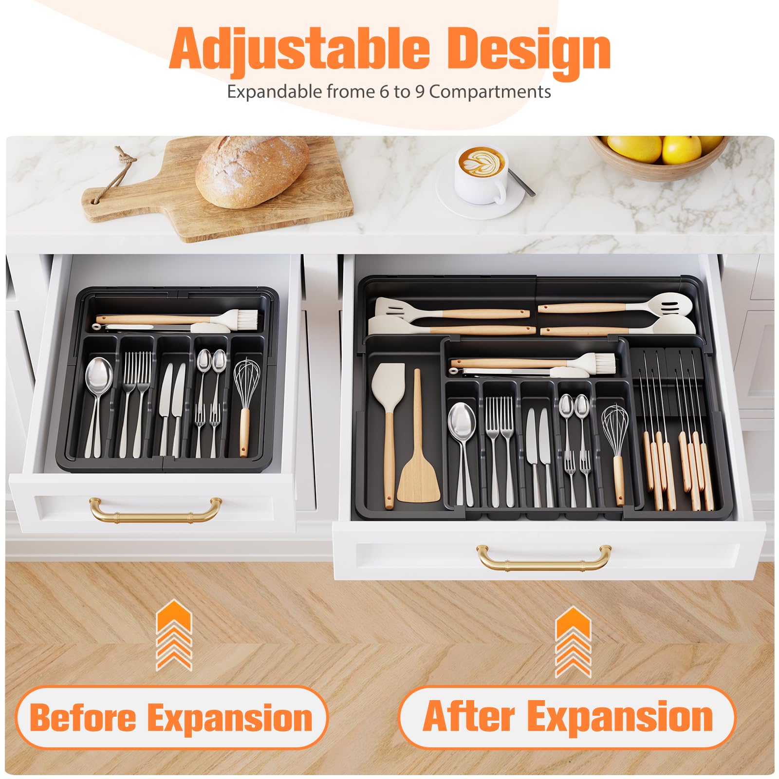 Ceecysaa Cutlery Organizer with 2 Removable Knife Blocks, Expandable Utensil Tray,Adjustable Cutlery Tray Drawer Organizer for Spoons, Knives, Kitchen Organizers and Storage,ABS,Black(6-9 Slots) 🍁 All In One Marketplace Canada