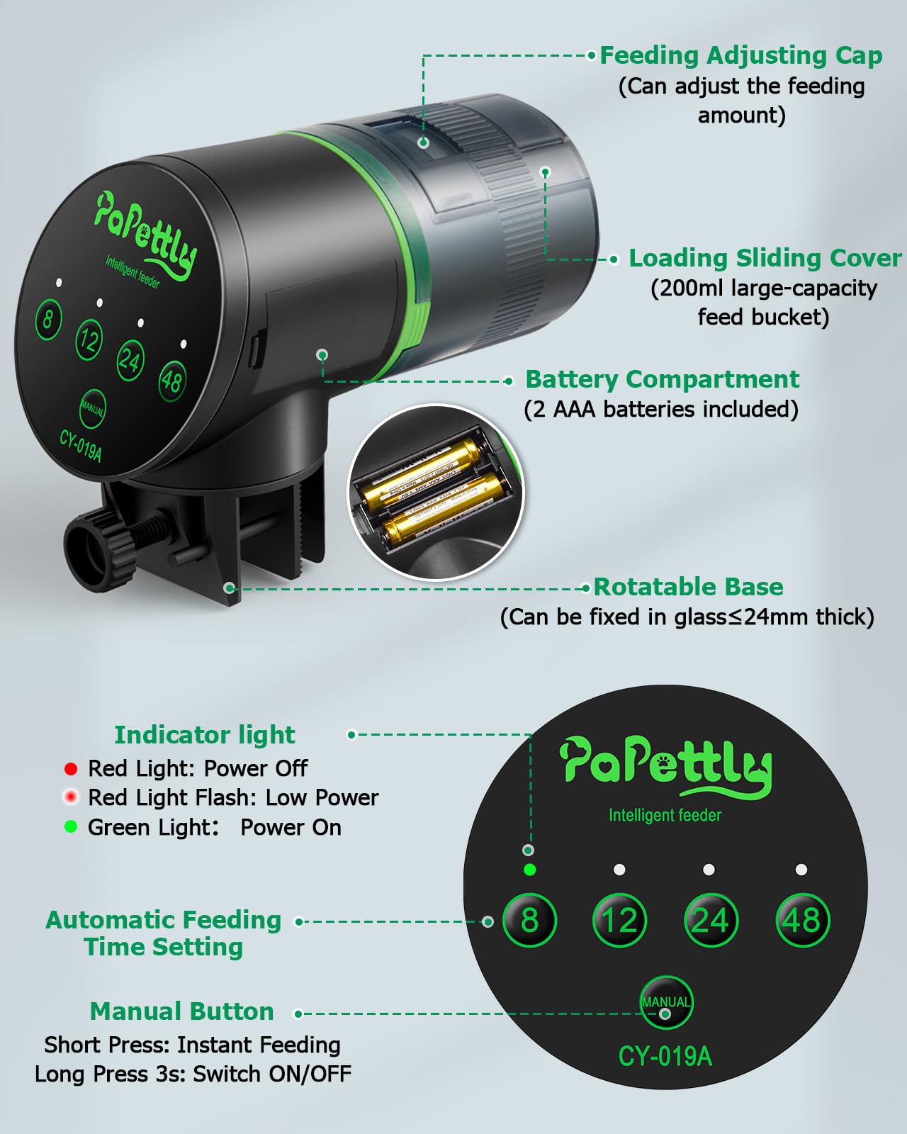 Papettly Automatic Fish Feeder for Aquarium - Battery Operated Auto Fish Food Dispenser for Fish Tank, 200ml Auto Timer Aquarium Tank Turtle Feeder, with 2 AAA Batteries and Fish Feeder Ring 🍁 All In One Marketplace Canada