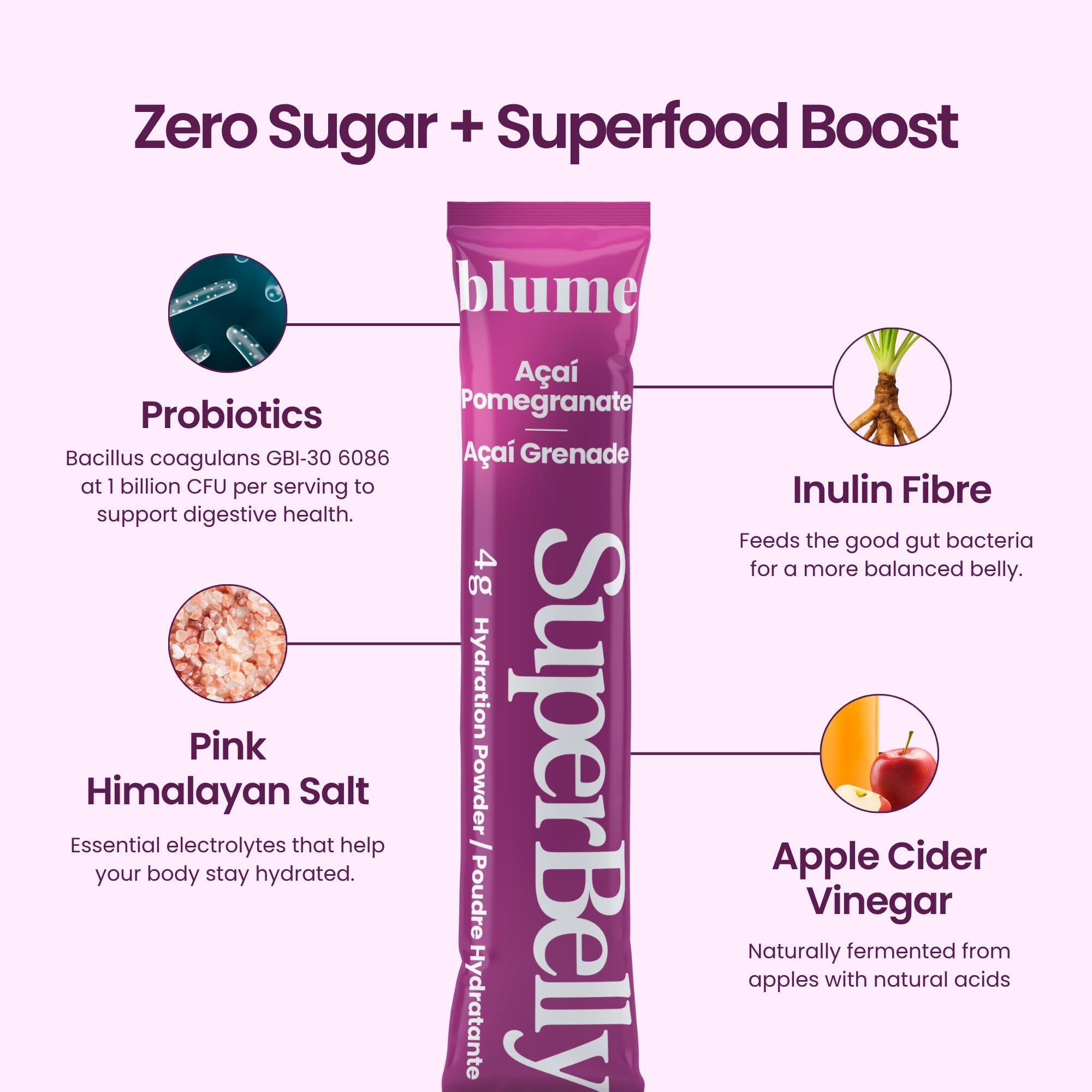 Blume SuperBelly Gut Health + Hydration, Daily Sugar Free Probiotics, Inulin Fiber, and Hydrating Minerals Powder Packets for Digestion Support - Açai Pomegranate, 15 Sticks 🍁 All In One Marketplace Canada