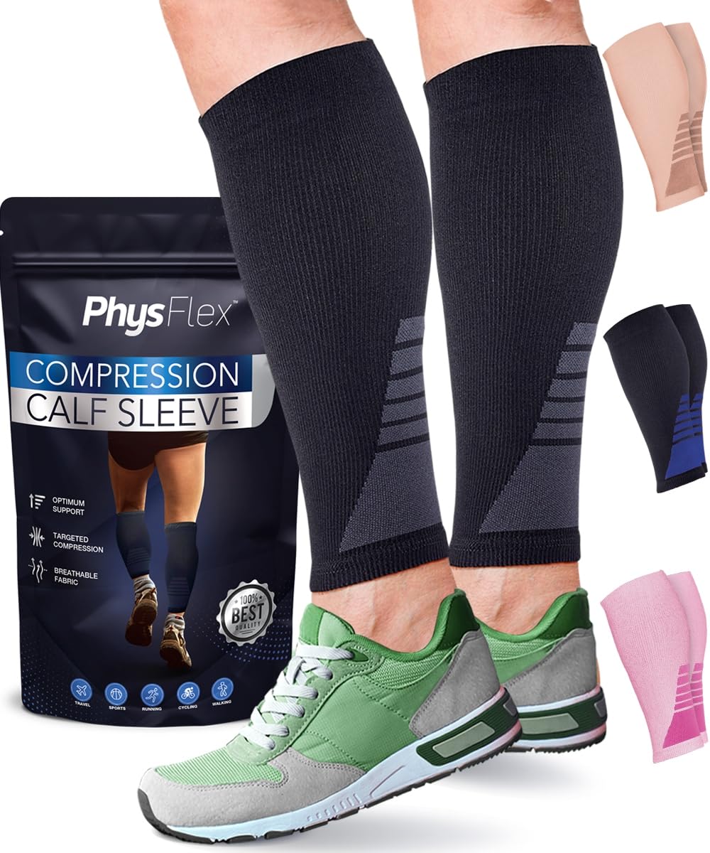 Calf Compression Sleeves for Men and Women - (1 Pair) Footless Compression Socks Support for Varicose Vein, Nursing, Pregnancy, Running - PhysFlex Leg Sleeve Brace for Shin Splints, Pain Relief and Reduces Swelling (Black, Medium)