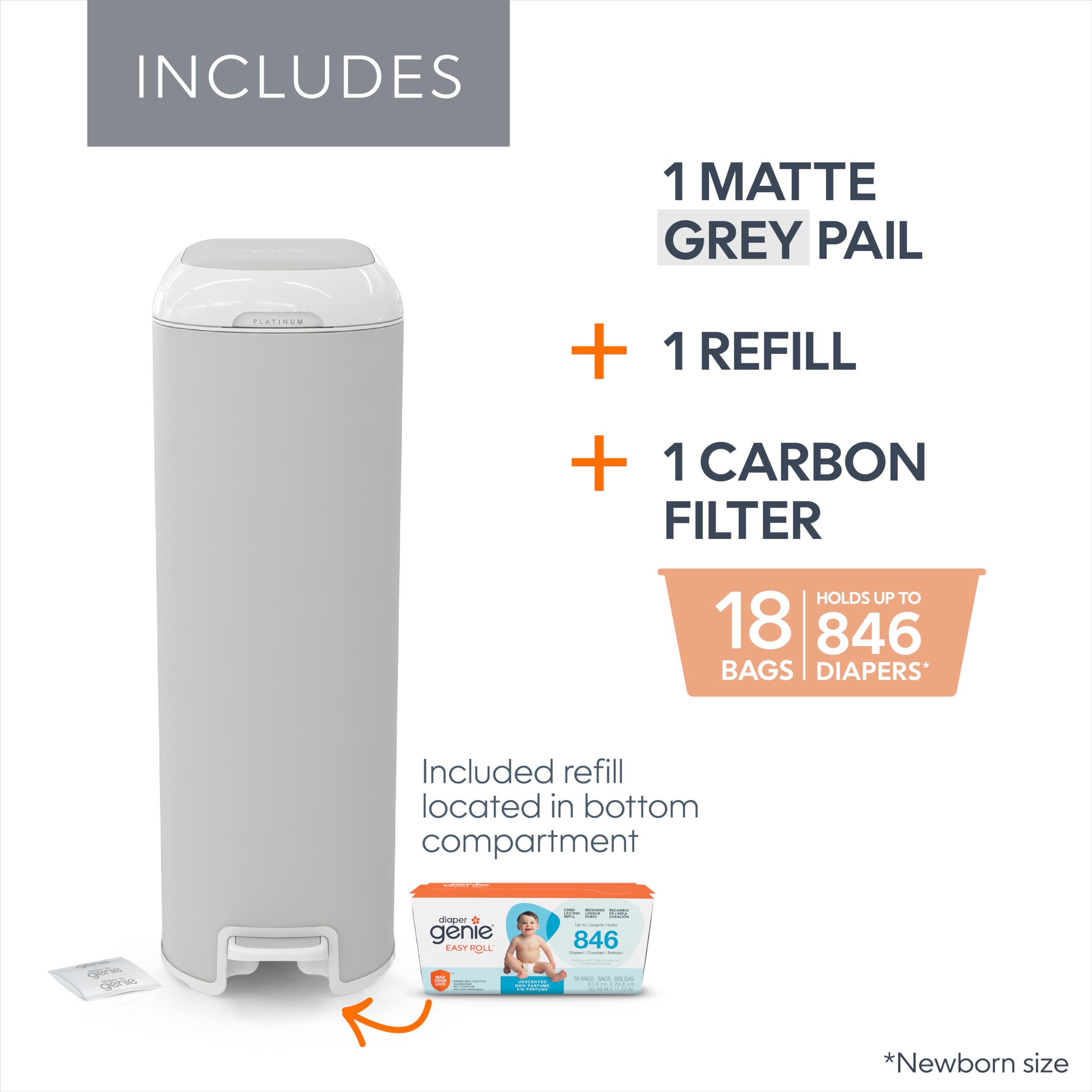 Diaper Genie Platinum Diaper Pail, Stone Grey - Made in Durable Stainless Steel and Includes 1 Easy Roll Refill with 18 Bags 🍁 All In One Marketplace Canada