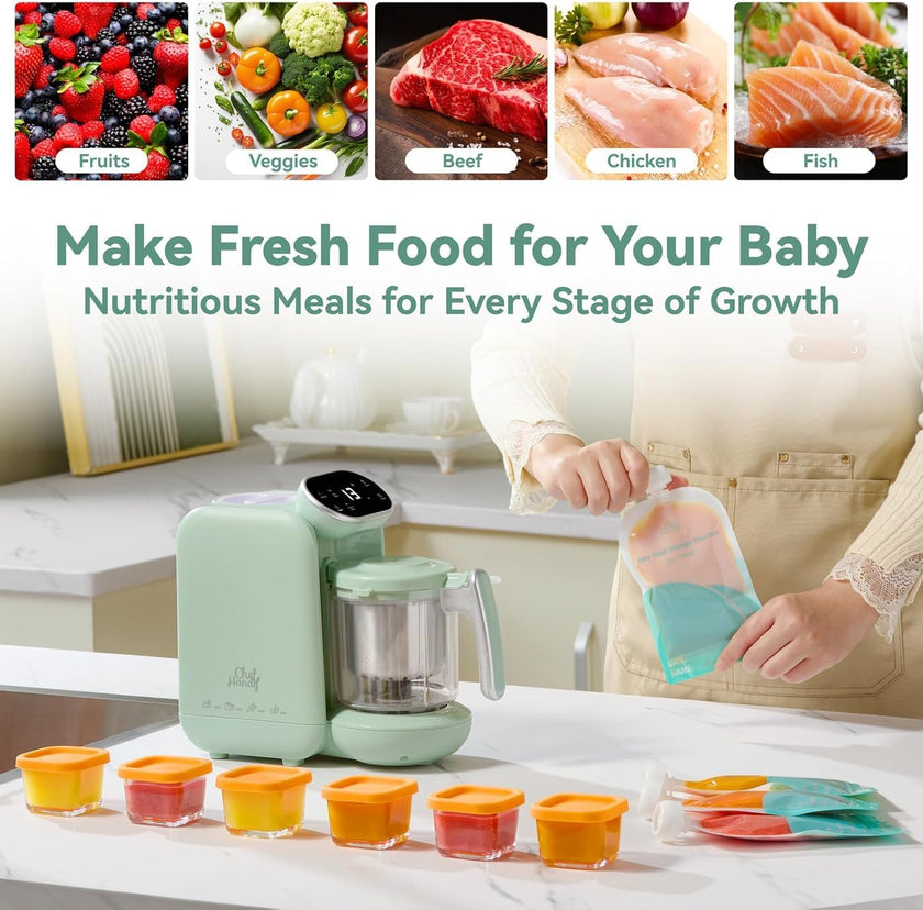 Chefhandy Baby Food Maker with Stainless Steel Steam Basket, 5-in-1 Baby Food Processor, Steamer & Blender, Auto Cooking, Pureeing, Reheating & Steam Cleaning, BPA-Free, 6 Reusable Pouches, Green 🍁 All In One Marketplace Canada