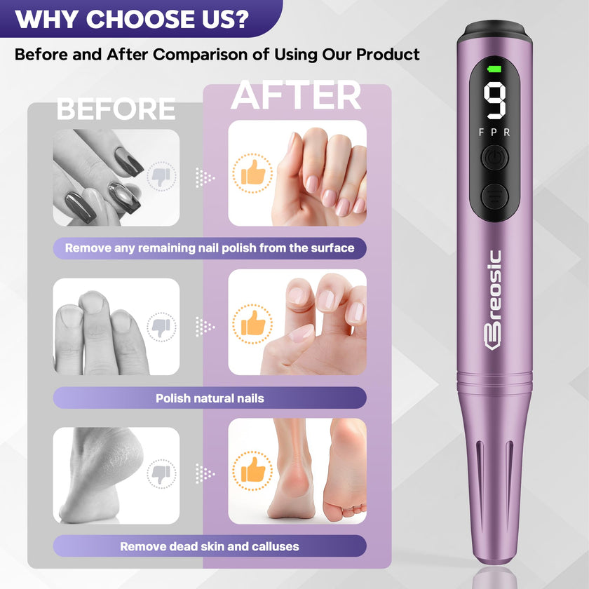 Breosic Electric Nail Drill 35000RPM,12-in-1 Nail File Portable USB-Rechargeable Cordless Nail Drill Professional with 9-Speed & LED Display Manicure Pedicure Nail Kits for Acrylic & Gel Nails(Purple) 🍁 All In One Marketplace Canada