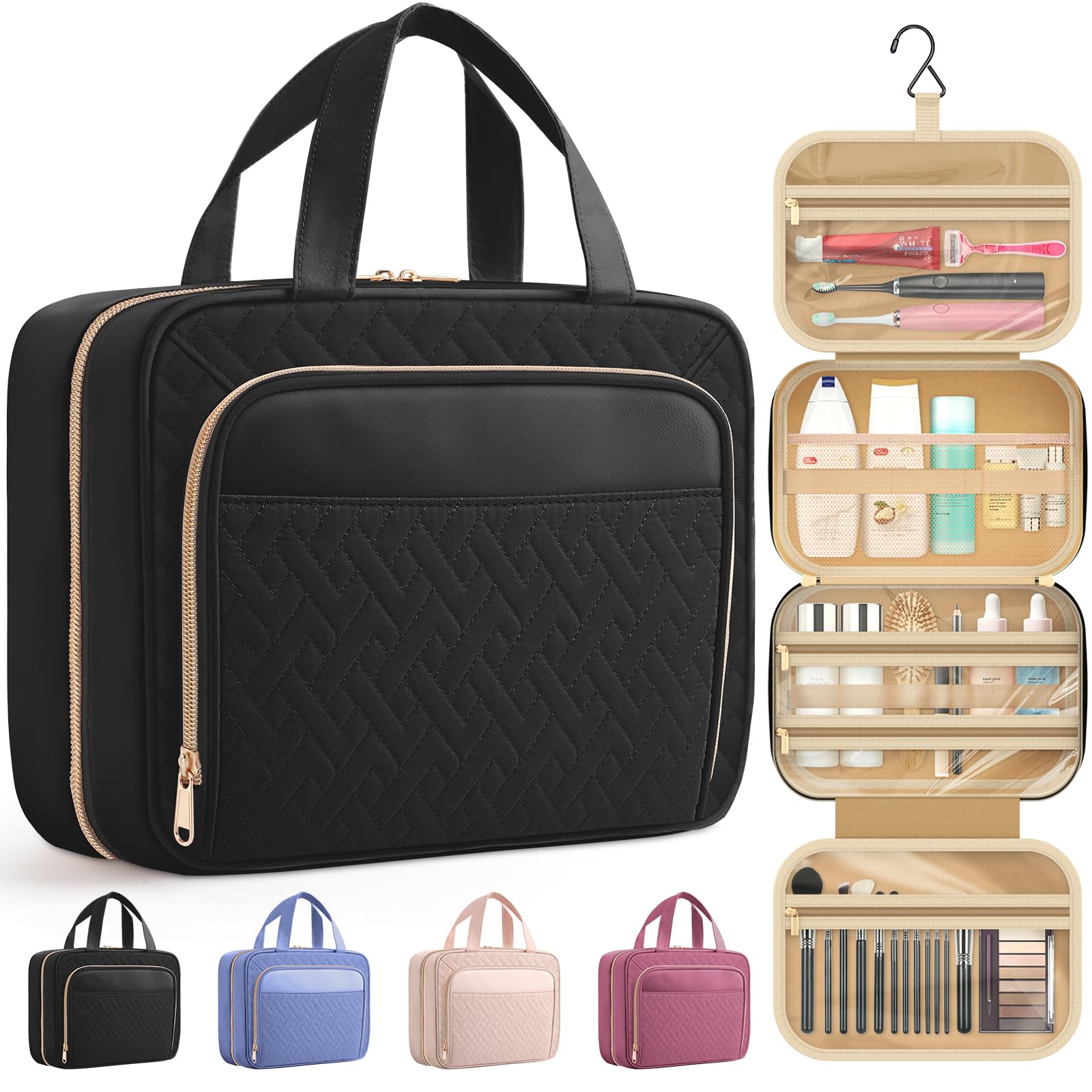 HOTOR Travel Toiletry Bag for Women - Spacious Toiletry Bag for Men, Waterproof Makeup Bag with Hanging Hook and Multiple Pockets, Travel Accessories, Travel Essentials, Black, Medium 🍁 All In One Marketplace Canada