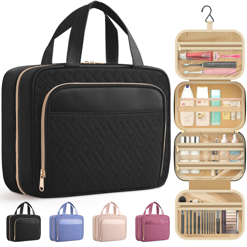 HOTOR Travel Toiletry Bag for Women - Spacious Toiletry Bag for Men, Waterproof Makeup Bag with Hanging Hook and Multiple Pockets, Travel Accessories, Travel Essentials, Black, Medium 🍁 All In One Marketplace Canada