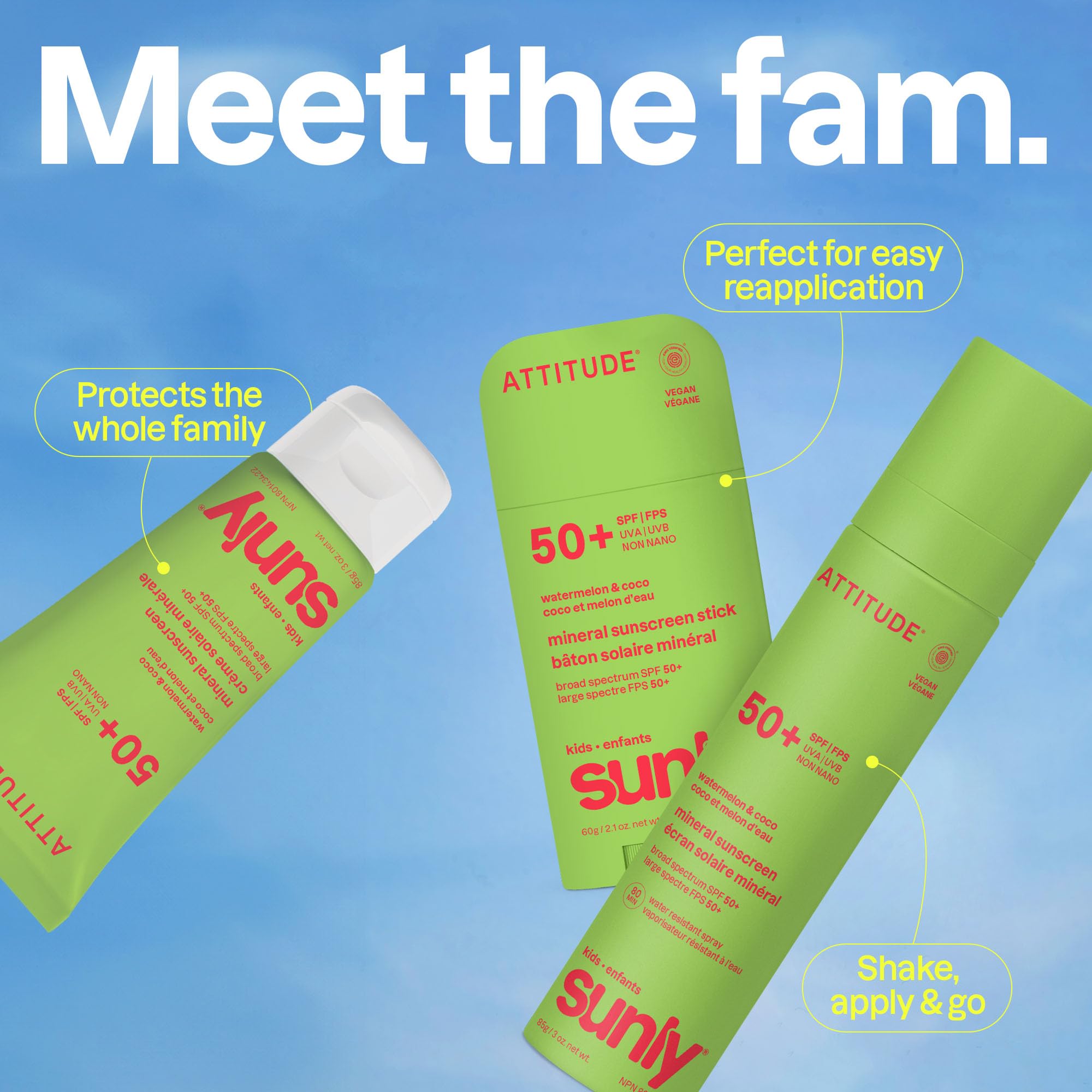 ATTITUDE Kids Mineral Sunscreen Stick SPF 50, Broad Spectrum Zinc Oxide, EWG Verified, Non-Nano, Mess-Free Stick for Face & Body, Lightweight Non-Greasy, Vegan, Watermelon & Coco Scent, 60 grams 🍁 All In One Marketplace Canada