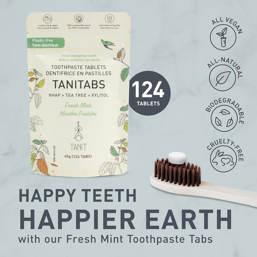 TANITABS Toothpaste Tablets with Hydroxyapatite & Xylitol, 124 Count, Fluoride-Free Toothpaste Tabs for Sensitive Teeth, Fresh Mint, Travel Toothpaste Tablets, Plastic-Free Refill Pack, Vegan 🍁 All In One Marketplace Canada