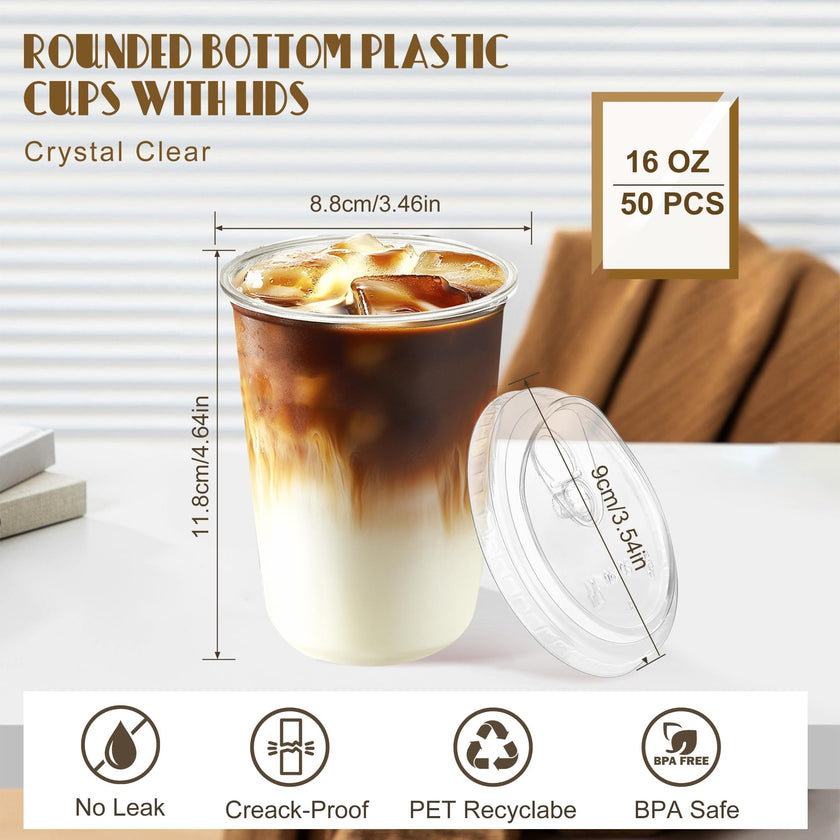 50 Pack 16oz Clear Plastic Cups with Sip Lids, Disposable Iced Coffee Cup with Strawless Lid for Party Wedding Catering Events, to Go Cups for Cold Drinks Smoothie Milkshake Lemonade Bubble 🍁 All In One Marketplace Canada