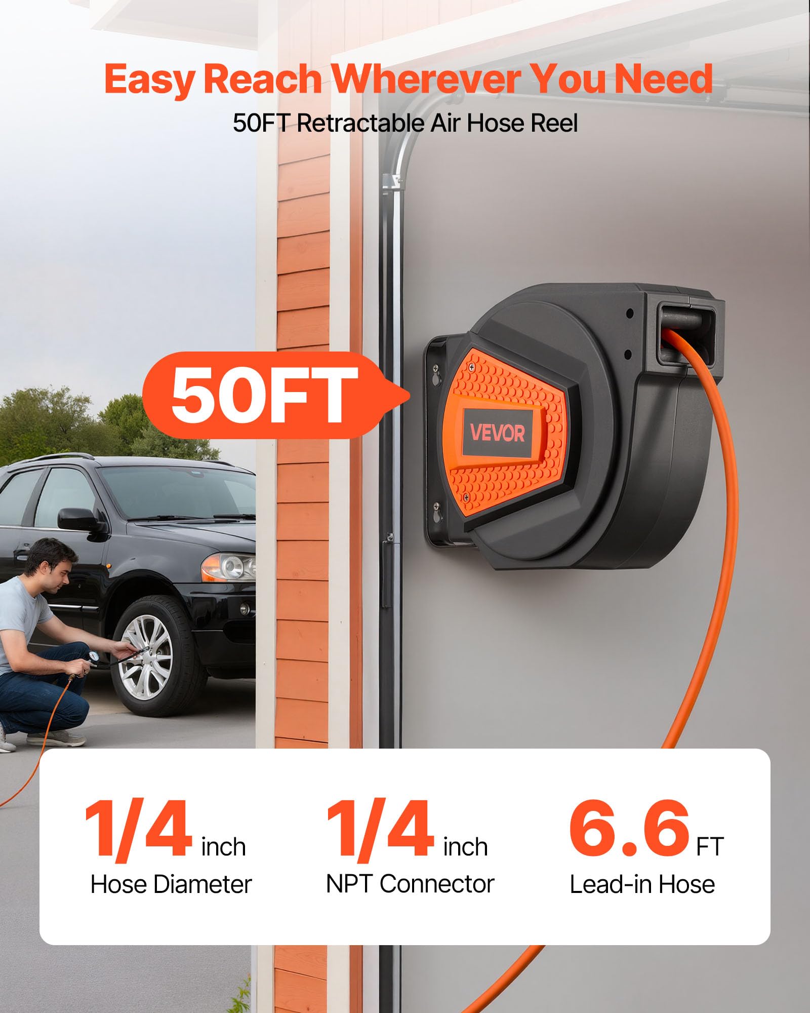 VEVOR Retractable Air Hose Reel, 1/4 Inch x 50 FT Hybrid Air Hose Max 300PSI, Enclosed Air-Compressor Hoses Reel Auto Rewind with 6.6 ft Lead in & Blow Gun, 180° Swivel Ceiling/Wall Mount 🍁 All In One Marketplace Canada