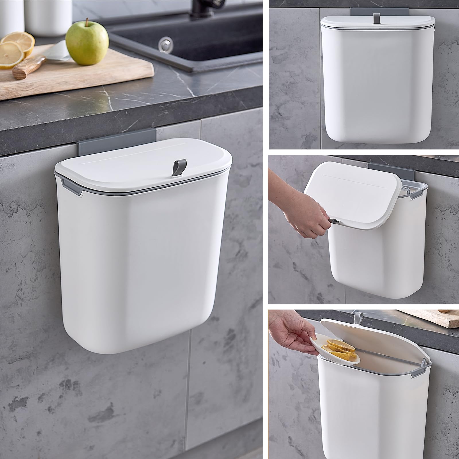ELPHECO Compost Bin, 2.5 Gallon Hanging Trash Can with Lid, Kitchen Cabinet Door Under Sink Plastic Garbage Can Wall Mounted Slide Open, White 🍁 All In One Marketplace Canada