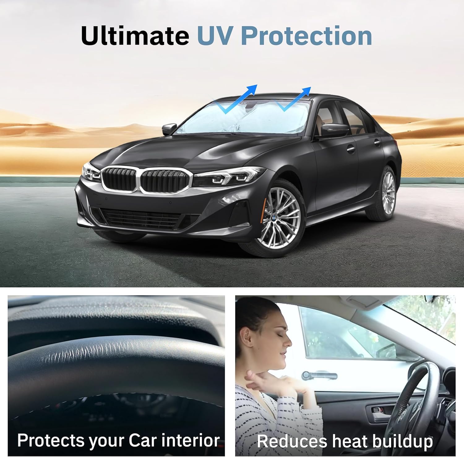 Autovir Car Windshield Sun Shade – 280T Thickened Reflective UV & Heat Shield with Storage Bag, Keeps Interior Cool, Universal Fit for Sedans, SUVs & Trucks – Medium (64