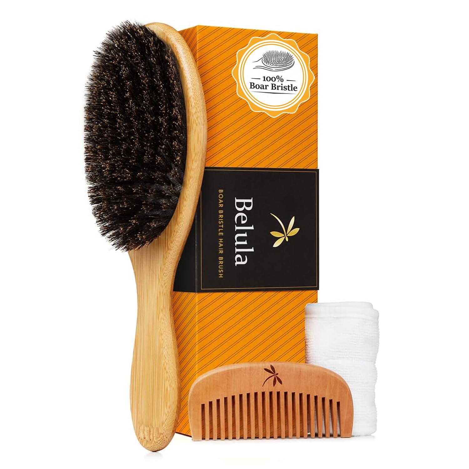 Belula 100% Boar Bristle Hair Brush Set (Medium). Soft Natural Bristles for Thin and Fine Hair. Restore Shine And Texture. Wooden Comb, Travel Bag and Spa Headband Included! 🍁 All In One Marketplace Canada