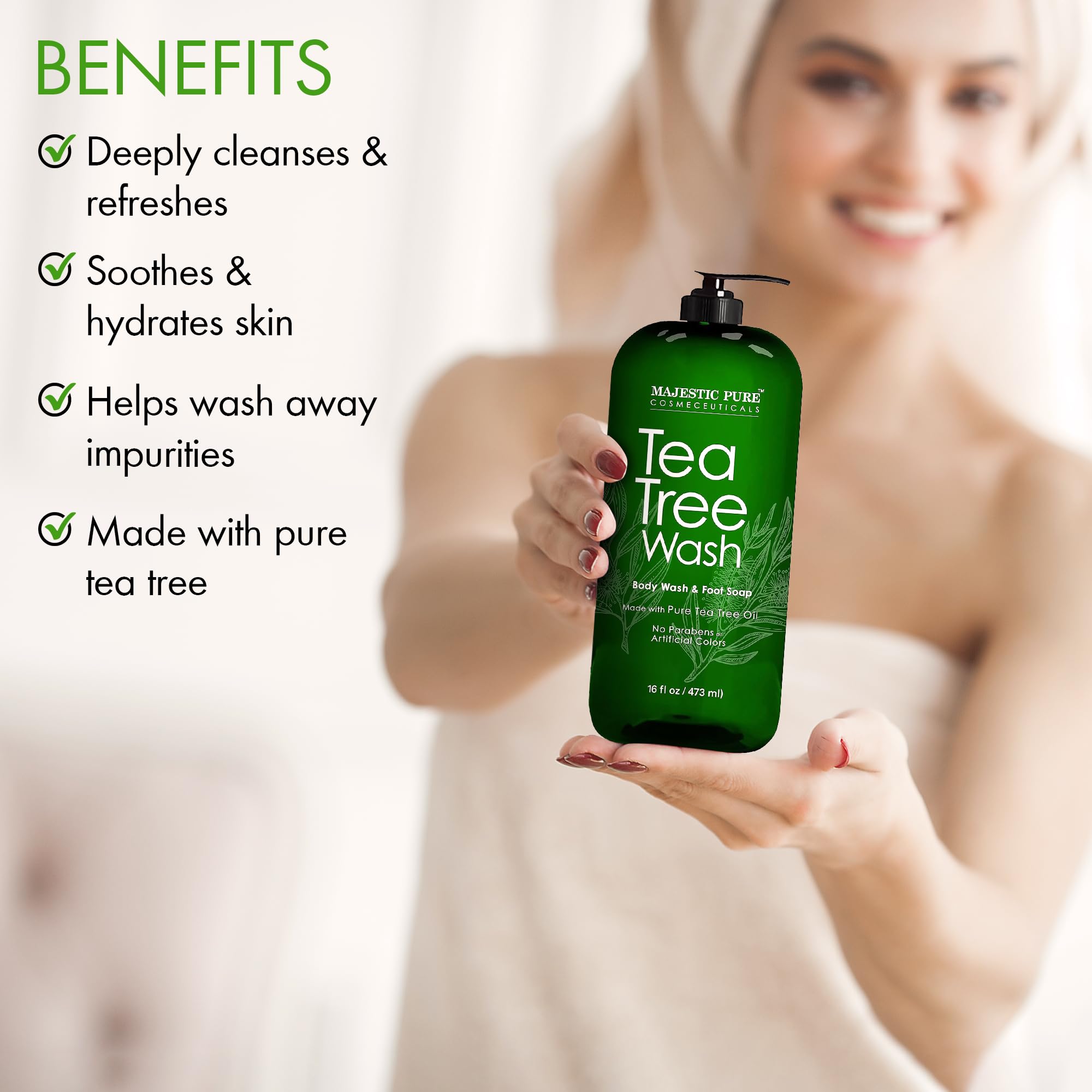 MAJESTIC PURE Tea Tree Body Wash with Collagen - Helps Nail Fungus, Athletes Foot, Ringworms, Jock Itch, Acne, Eczema & Body Odor - Soothes Itching - (Packaging May Vary), 16 fl oz 🍁 All In One Marketplace Canada