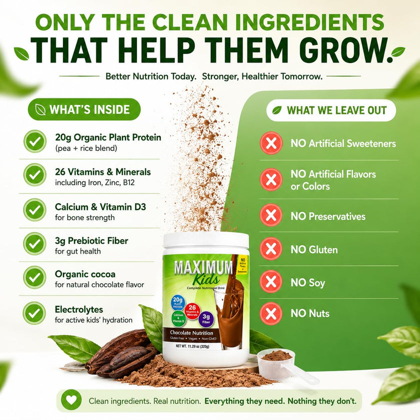 Maximum Kids Complete ORGANIC Powder Mix - Great TASTING, EASY to use, complete nutritional drink with 26 vitamins & Minerals, 20g of Plant Protein, 3g of Fiber. Kid TESTED! Parents APPROVED! 🍁 All In One Marketplace Canada