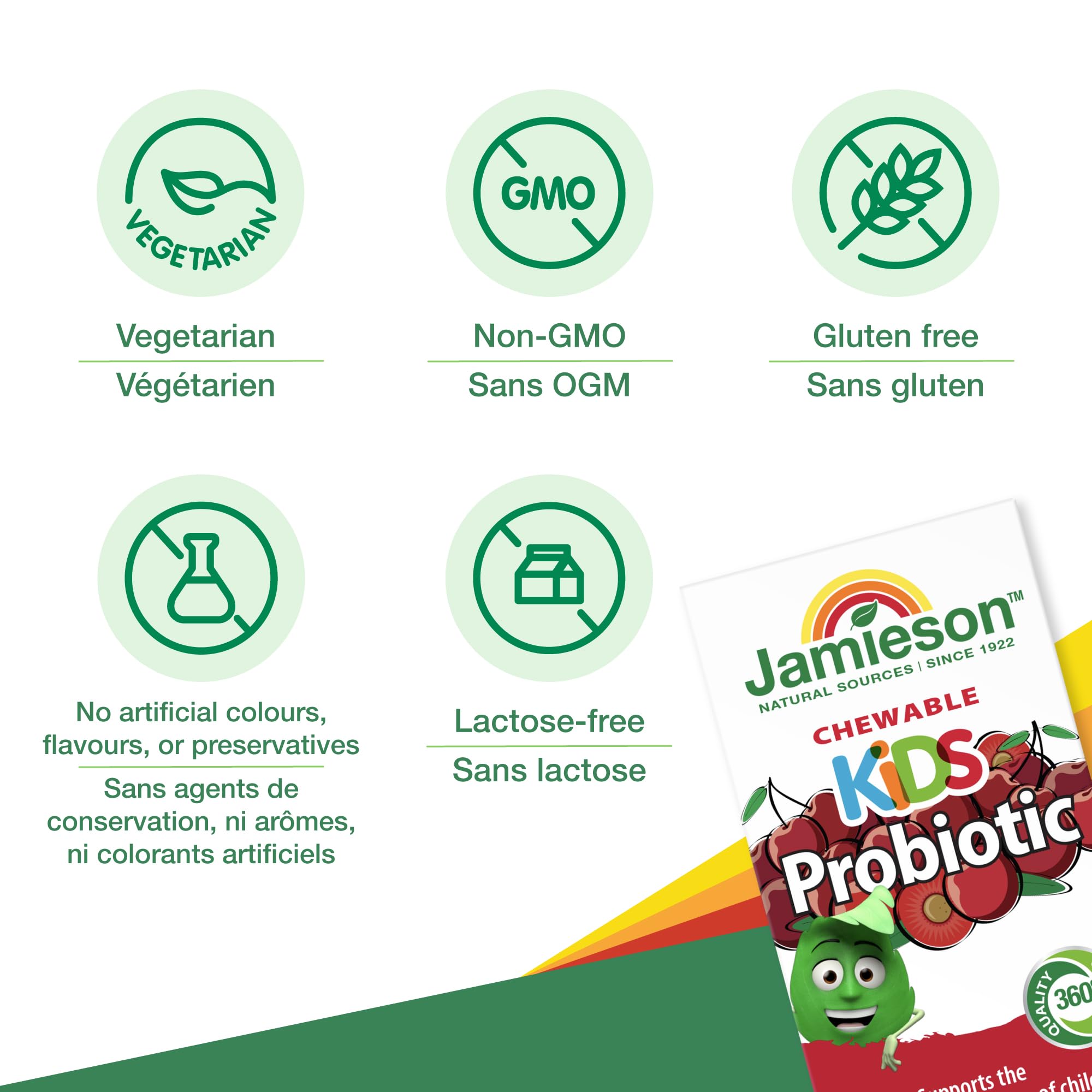 Jamieson Probiotic for Kids, 60 Chewable Tablets, 5 Billion CFU, Natural Cherry Flavour, Digestive and Intestinal Health. Non-GMO, No Artificial Colours, Flavours, or Preservatives, 60 Count 🍁 All In One Marketplace Canada