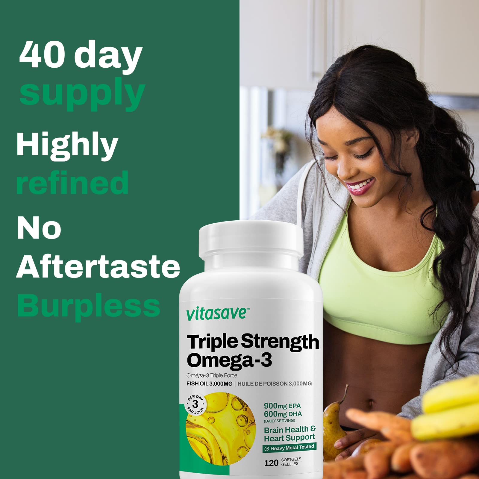 Vitasave Triple Strength Fish Oil Omega 3 Supplements – High-Potency 3000mg with 900mg EPA + 600mg DHA - Burpless Fish Oil Capsules for Heart, Brain & Joint Health - Non-GMO and Gluten-Free (120 Softgels - 40 Days Servings) 🍁 All In One Marketplace Canada