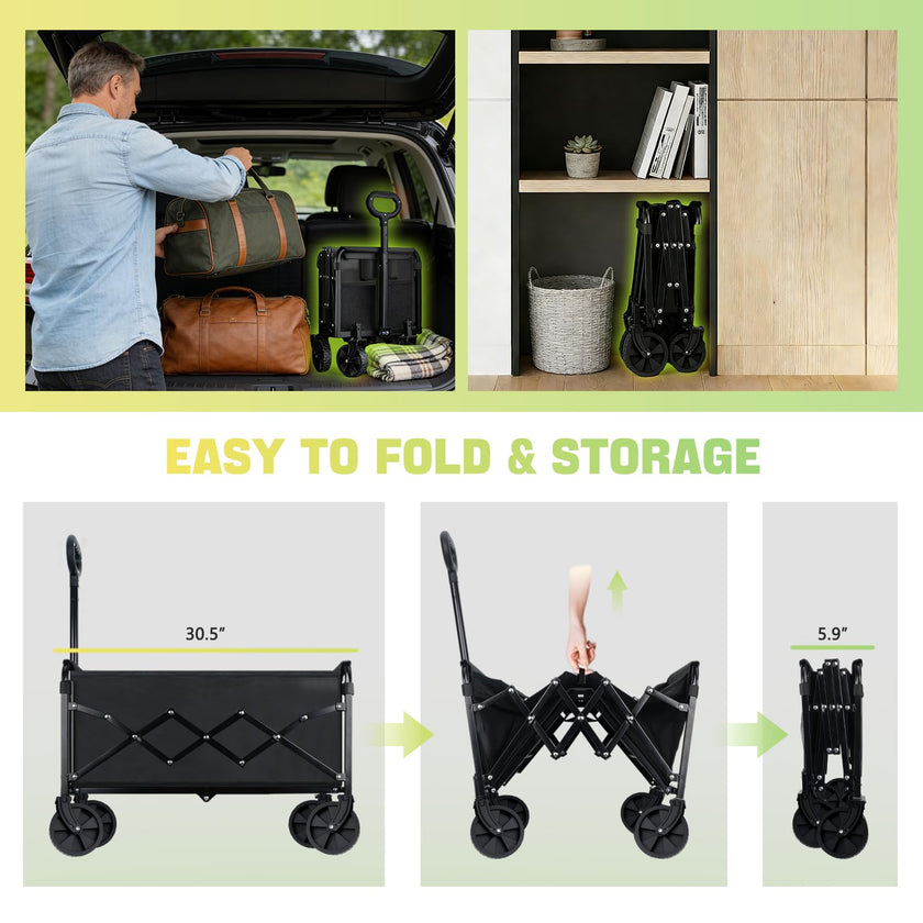100KG Collapsible Foldable Wagon Carts - Heavy Duty Portable Folding Utility Wagons with All-Terrain Wheels for Grocery Sports Shopping Camping Garden Beach, 2 Drink Holders/Lightweight/Black 🍁 All In One Marketplace Canada