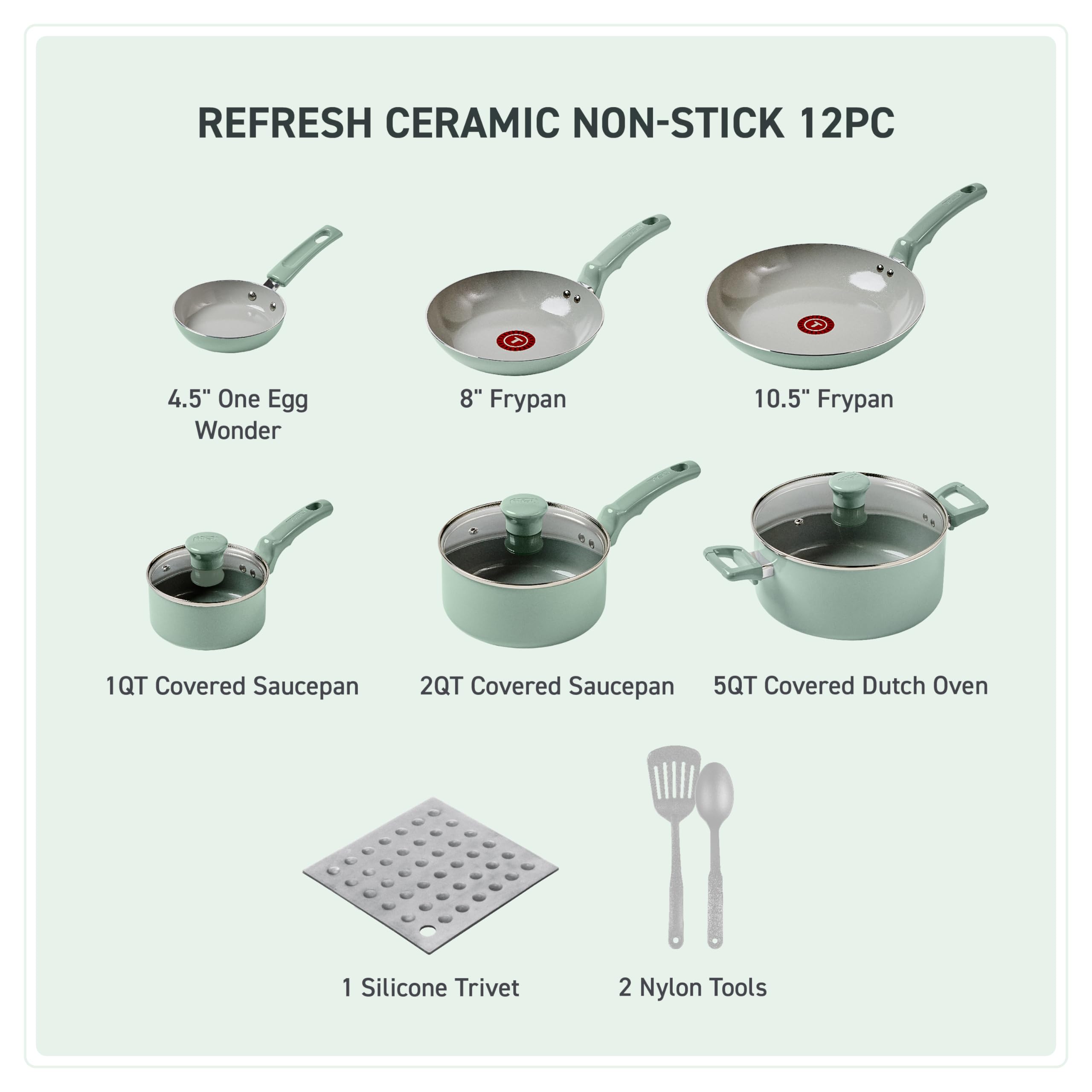 T-Fal Refresh Ceramic Nonstick 12-Piece Cookware Set, Oven Safe Up to 350ºF, Includes Stockpot, Griddle, Frying Pan, Utensils, Ceramic Cookware, Mint Green 🍁 All In One Marketplace Canada